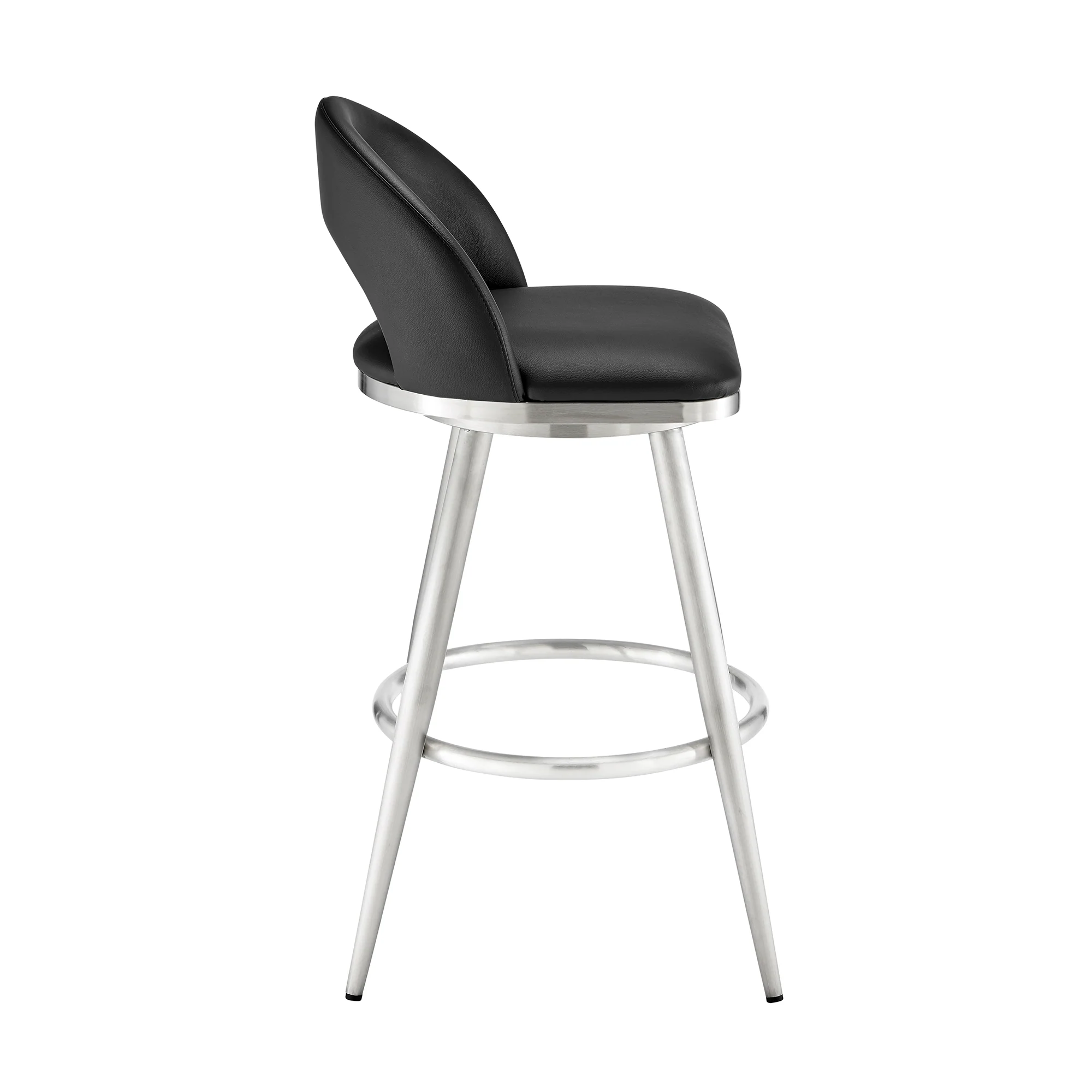 Lottech Swivel Bar Stool in Brushed Stainless Steel with Black Faux Leather By Armen Living - Image 4