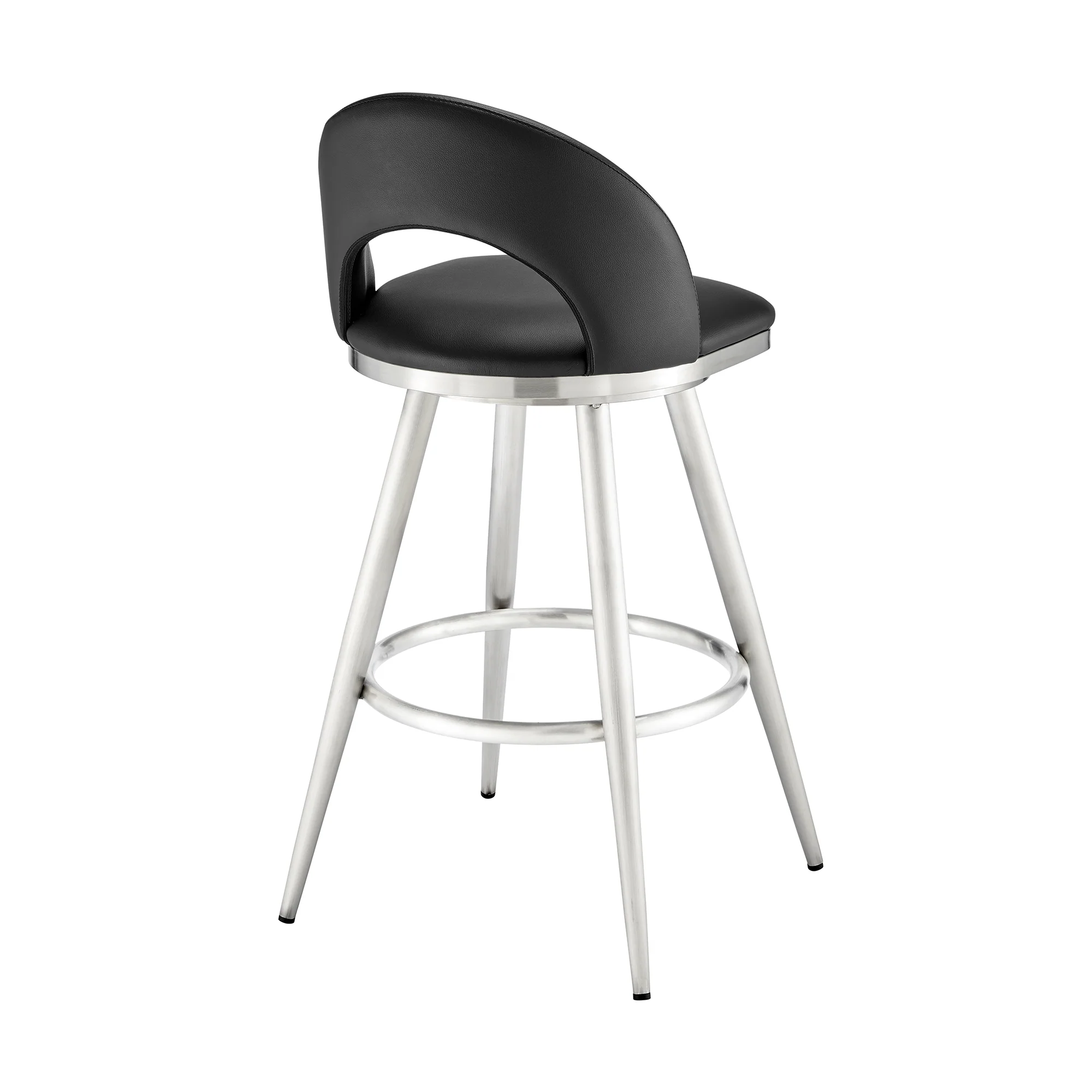Lottech Swivel Bar Stool in Brushed Stainless Steel with Black Faux Leather By Armen Living - Image 5