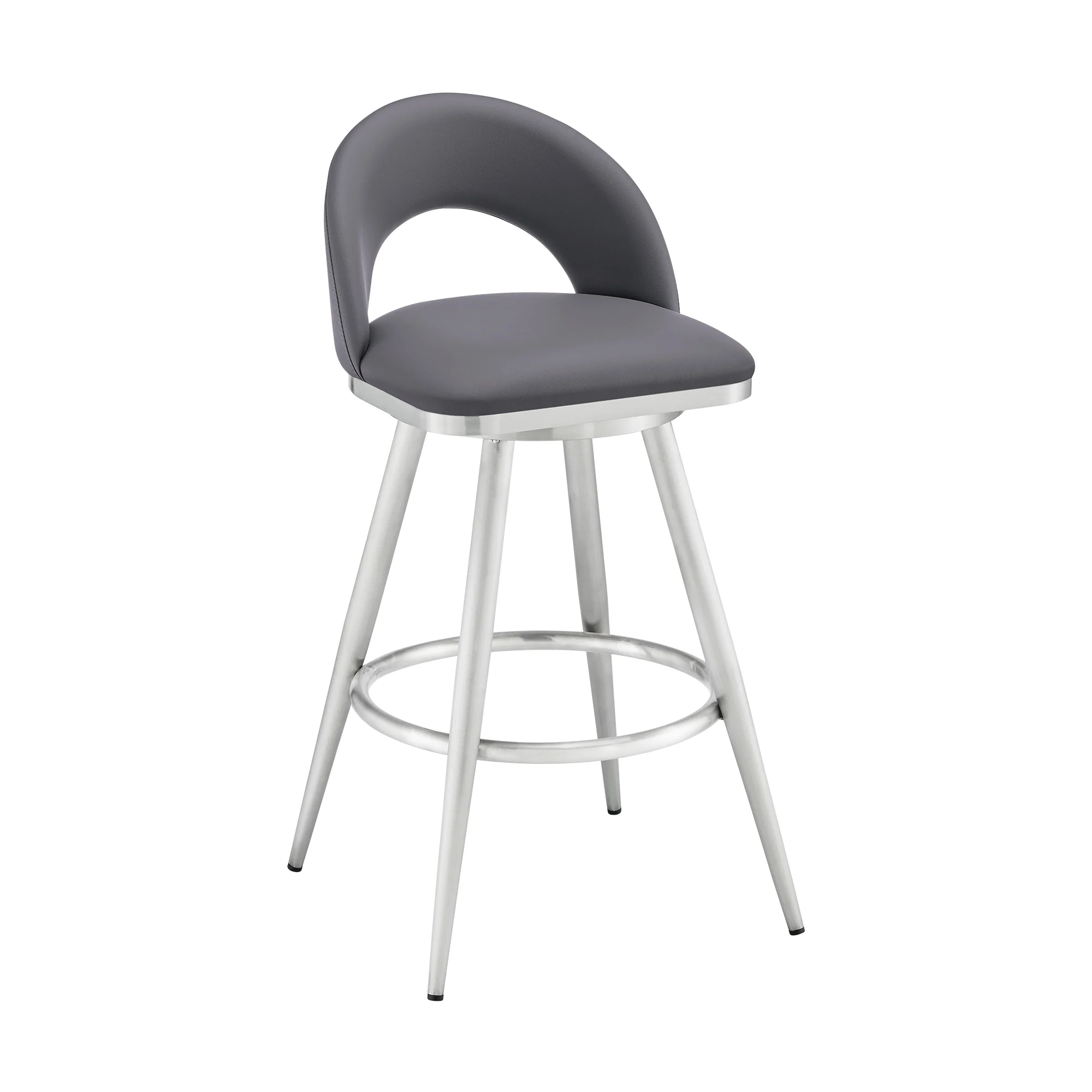 Lottech Swivel Counter Stool in Brushed Stainless Steel and Black Faux Leather By Armen Living - Image 12