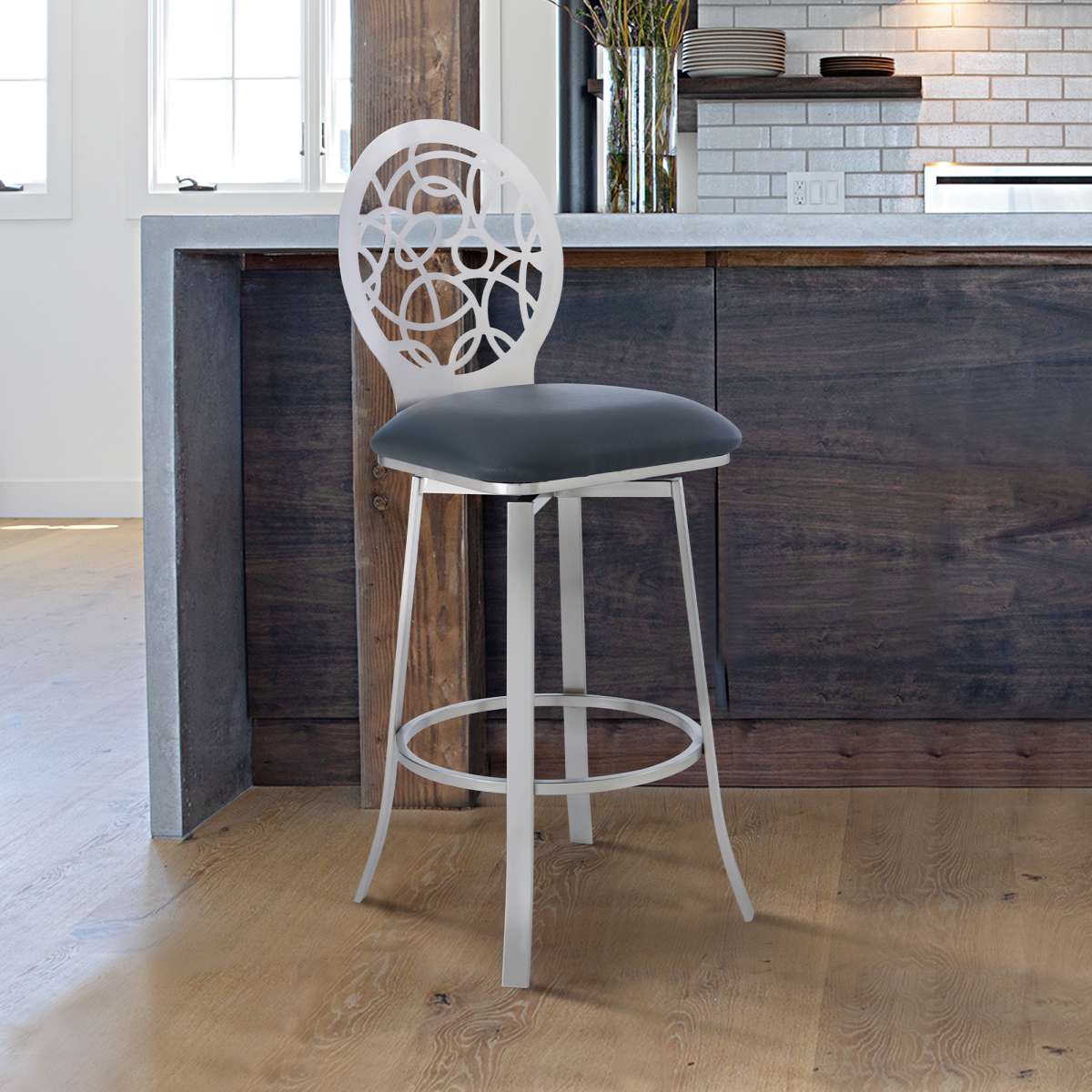 Lotus Contemporary 26" Counter Height Barstool in Brushed Stainless Steel Finish and Gray Faux Leather By Armen Living