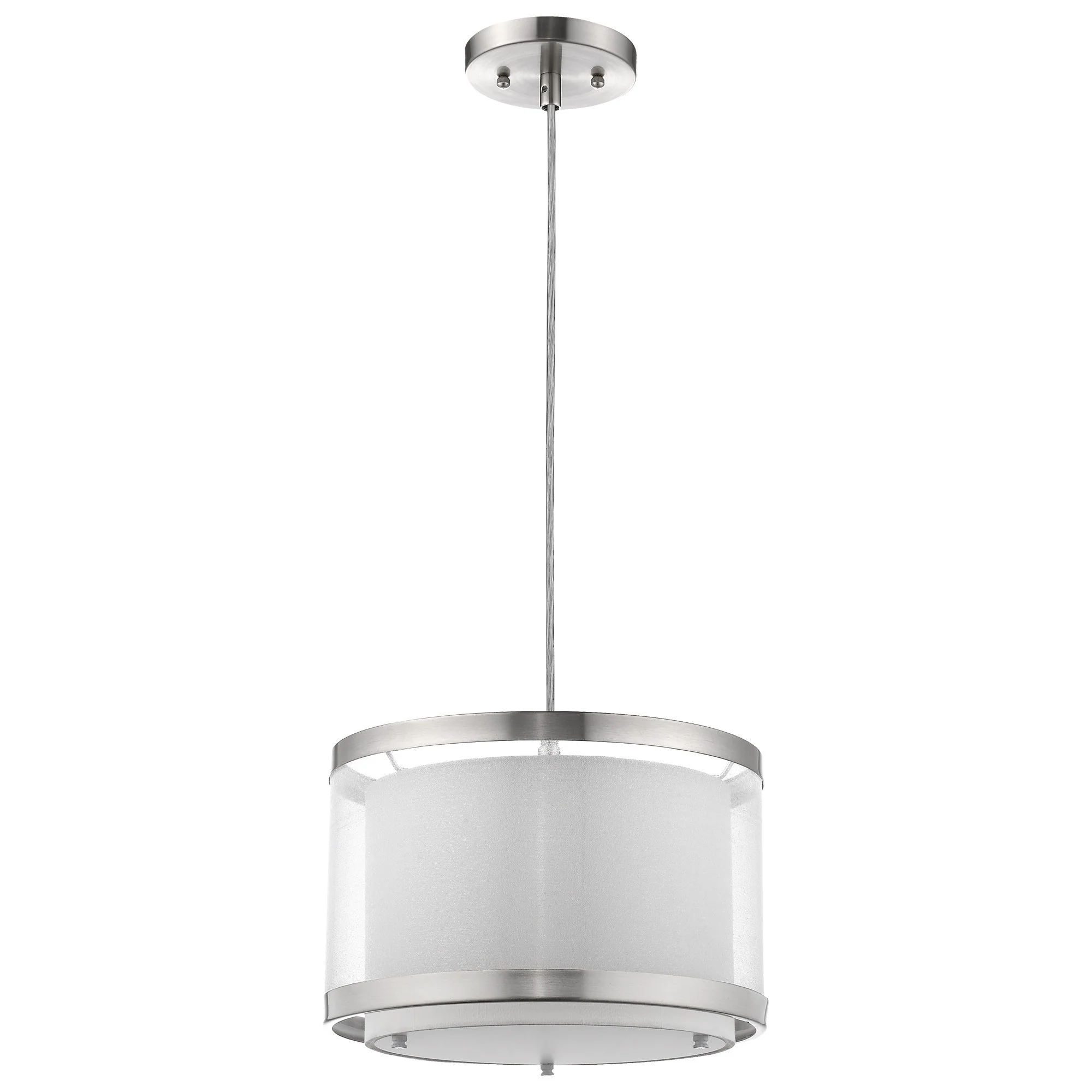Lux 1-Light Brushed Nickel Pendant With Metal Trimmed Sheer Snow Shantung Two Tier Shade By Homeroots