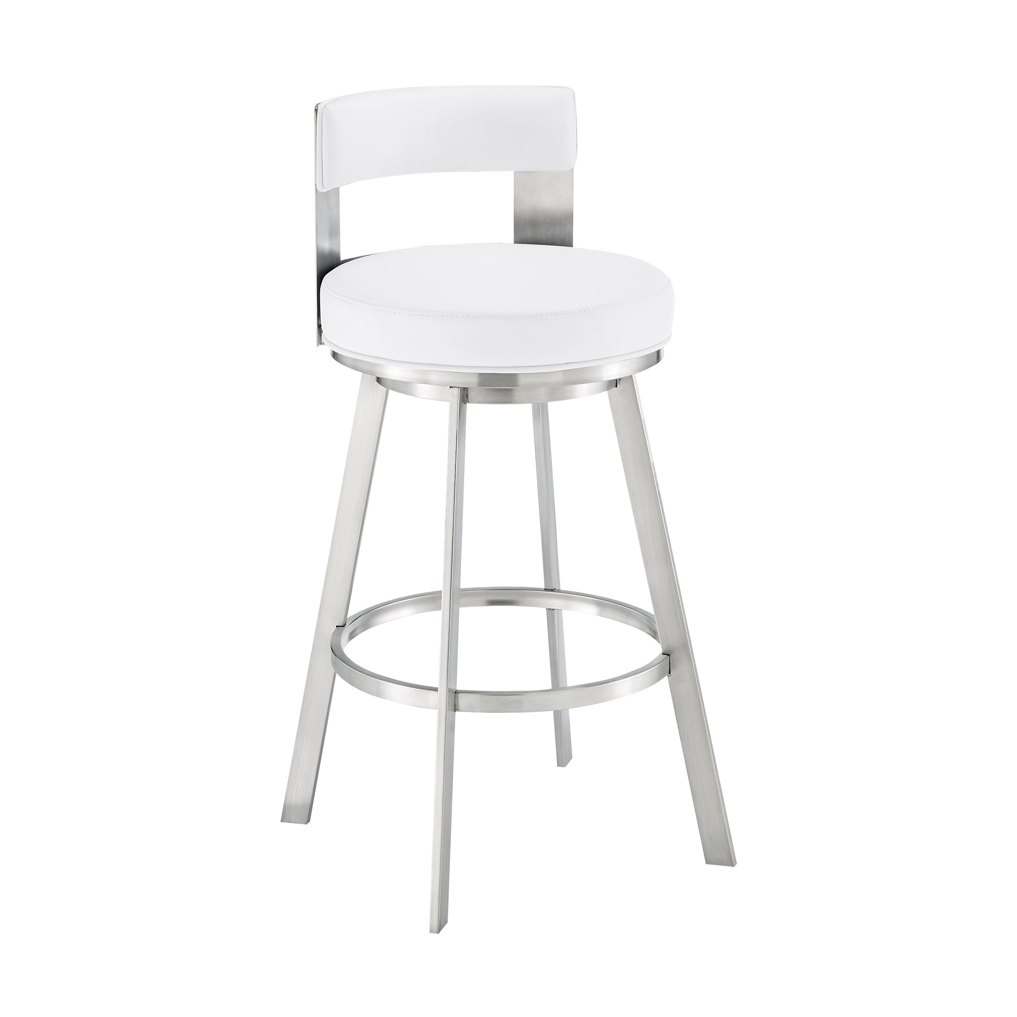 Lynof Swivel Bar Stool in Brushed Stainless Steel with White Faux Leather By Armen Living - Image 2