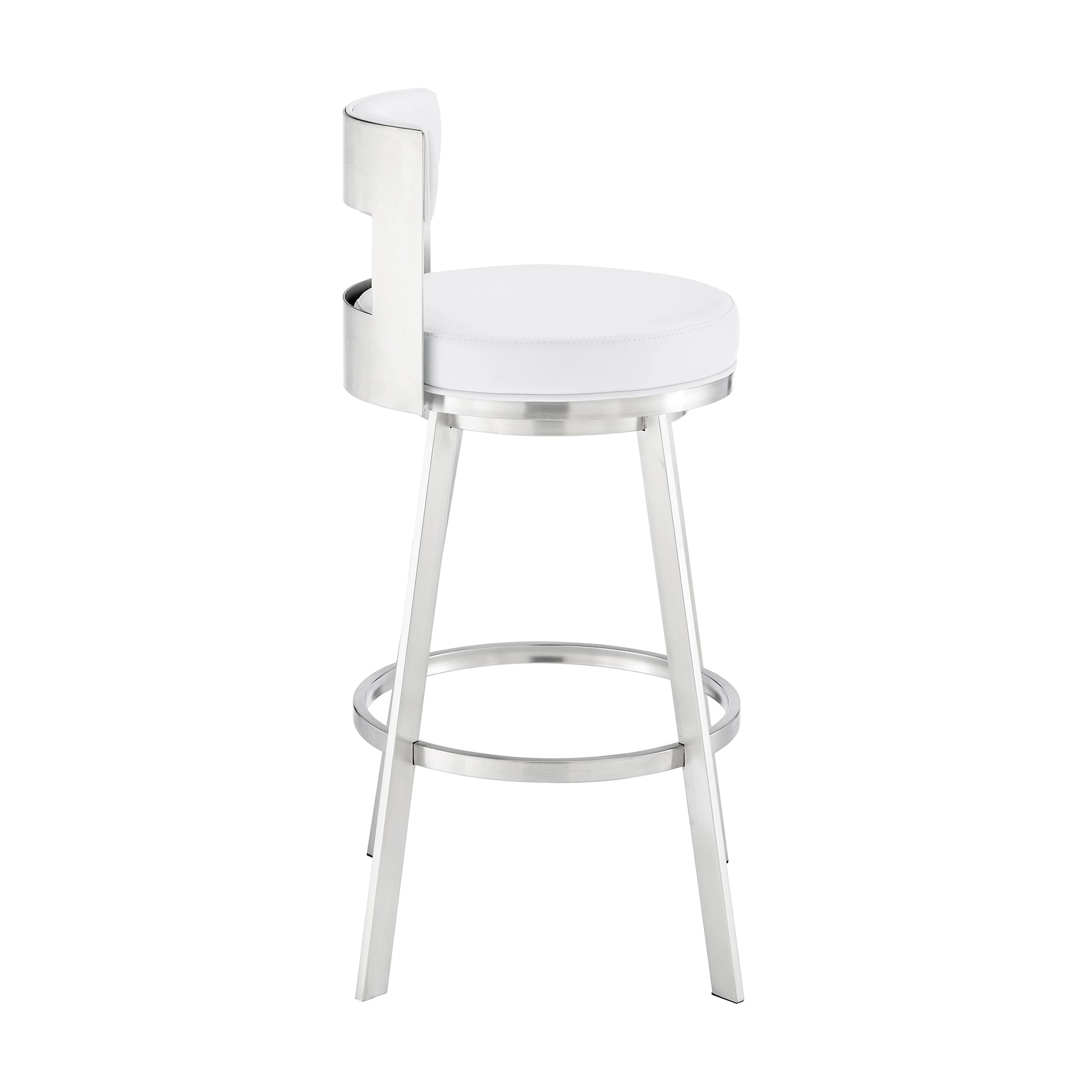 Lynof Swivel Bar Stool in Brushed Stainless Steel with White Faux Leather By Armen Living - Image 4