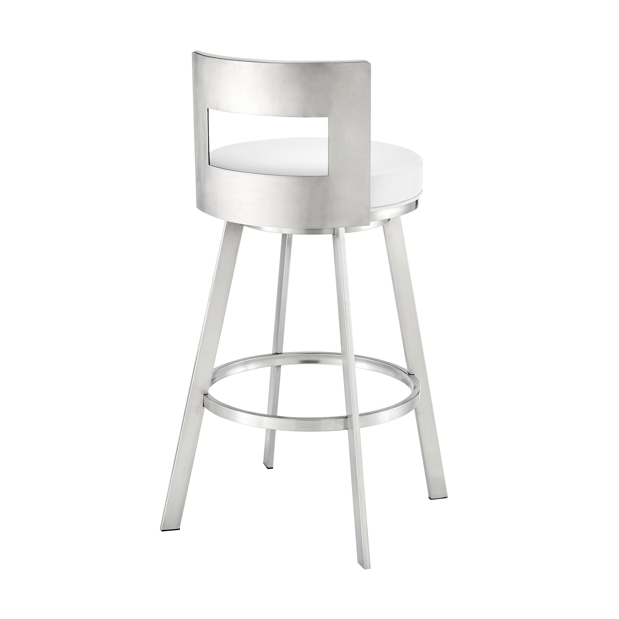Lynof Swivel Bar Stool in Brushed Stainless Steel with White Faux Leather By Armen Living - Image 5