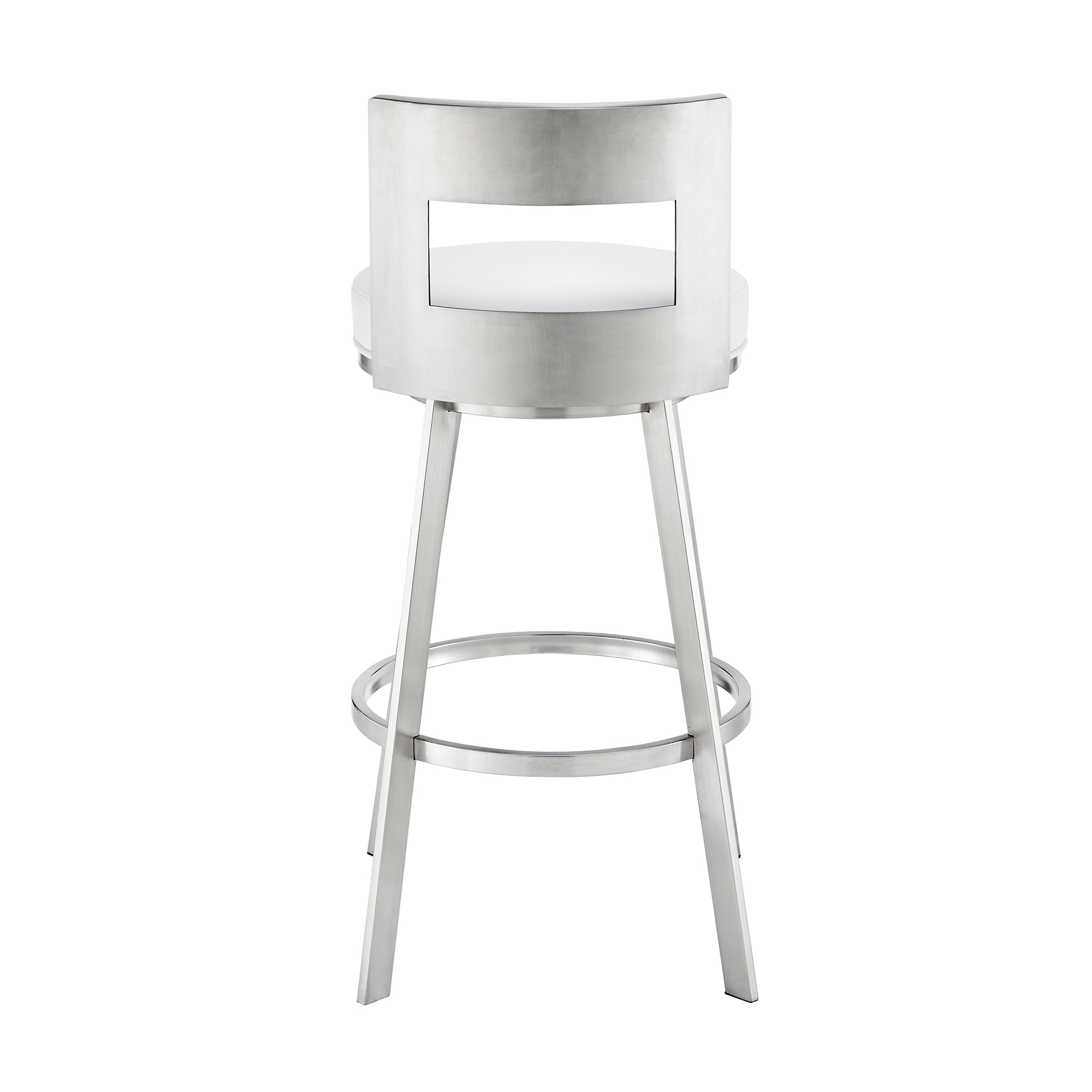 Lynof Swivel Bar Stool in Brushed Stainless Steel with White Faux Leather By Armen Living - Image 6