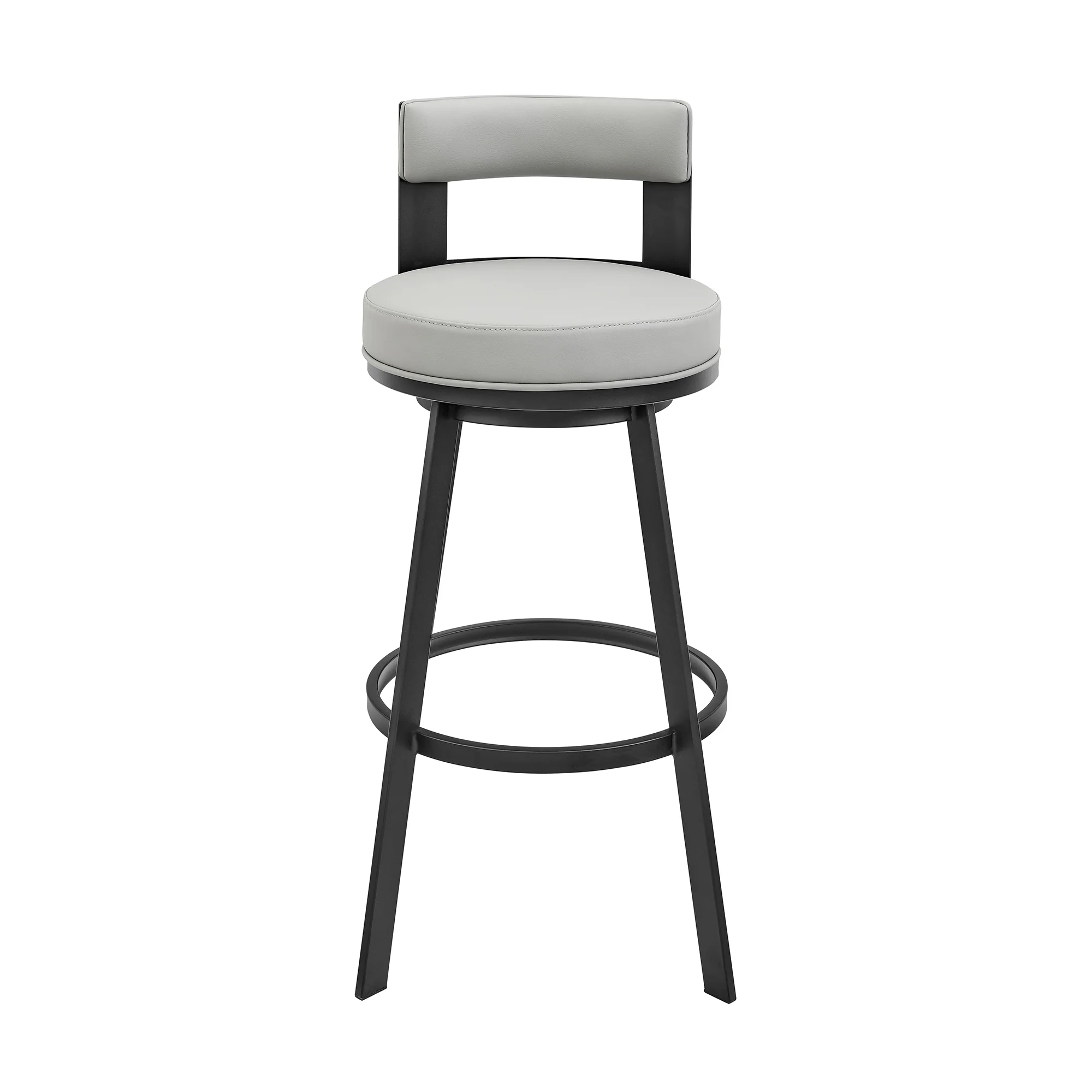 Lynof Swivel Counter Stool in Black Metal with Light Grey Faux Leather By Armen Living - Image 3