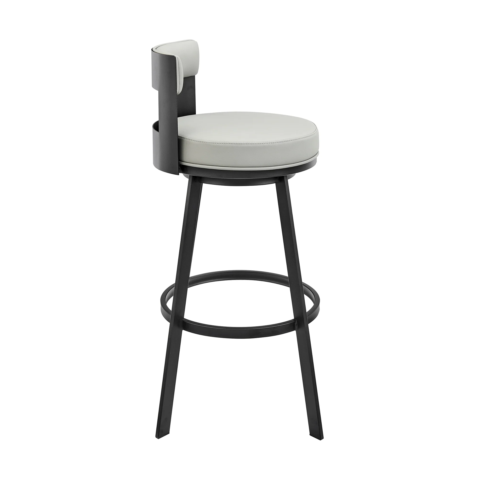 Lynof Swivel Counter Stool in Black Metal with Light Grey Faux Leather By Armen Living - Image 4