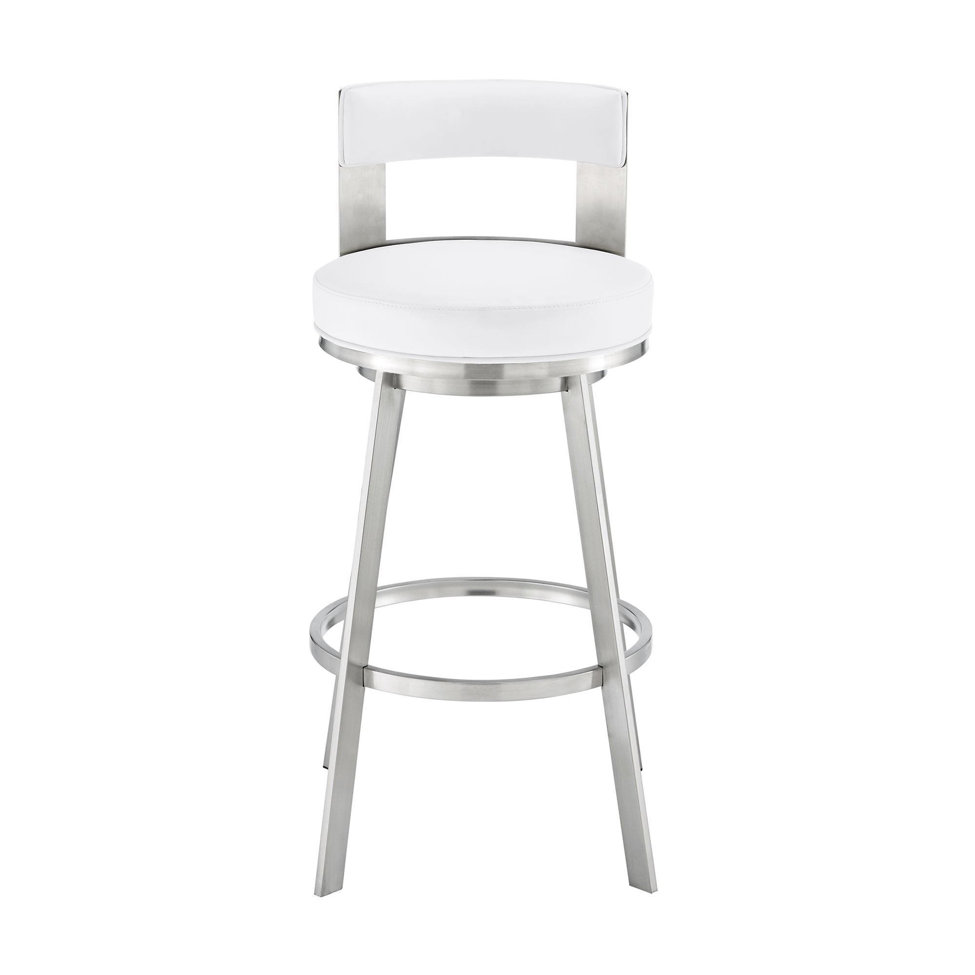 Lynof Swivel Counter Stool in Brushed Stainless Steel with White Faux Leather By Armen Living - Image 3