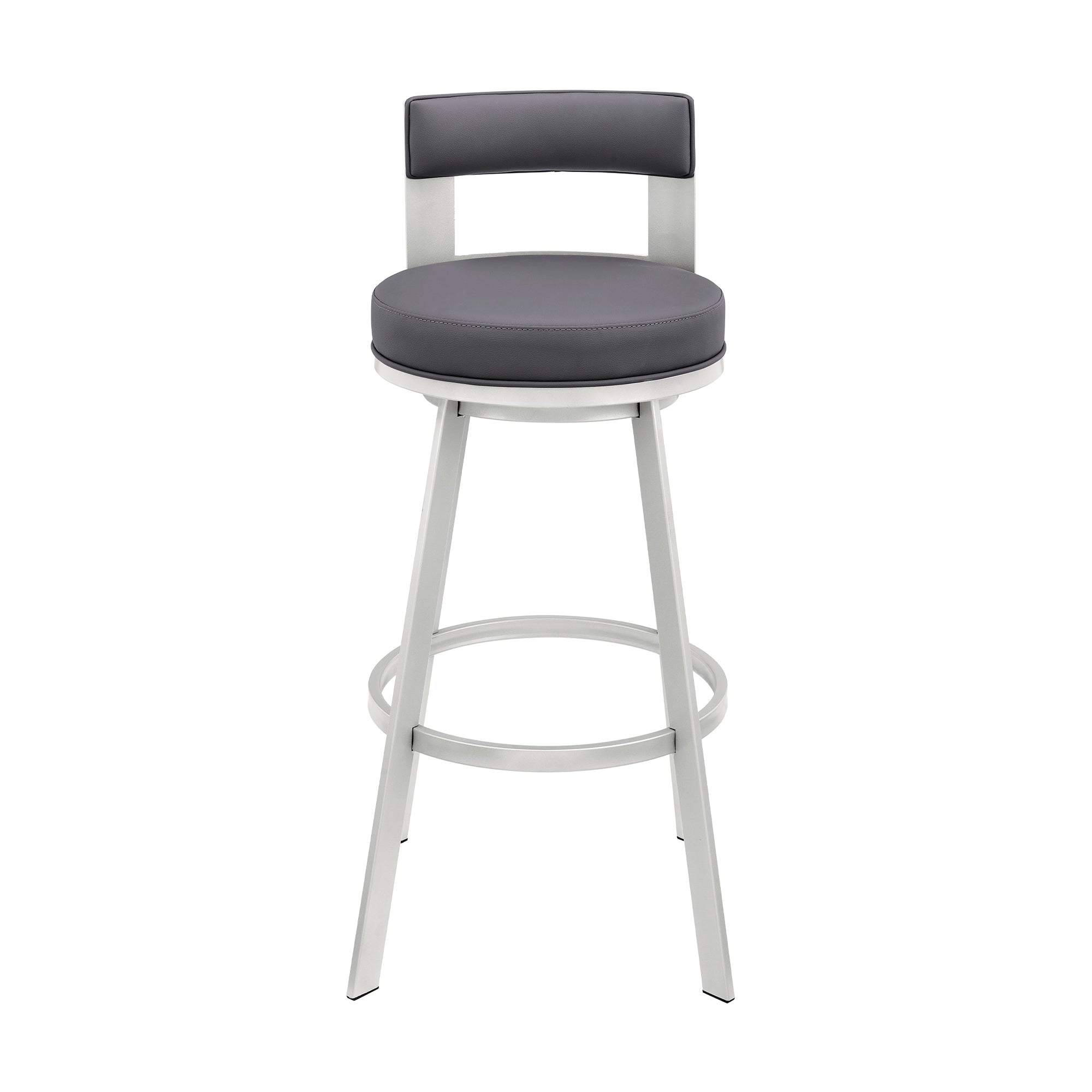 Lynof Swivel Counter Stool in Silver Metal with Grey Faux Leather By Armen Living - Image 3