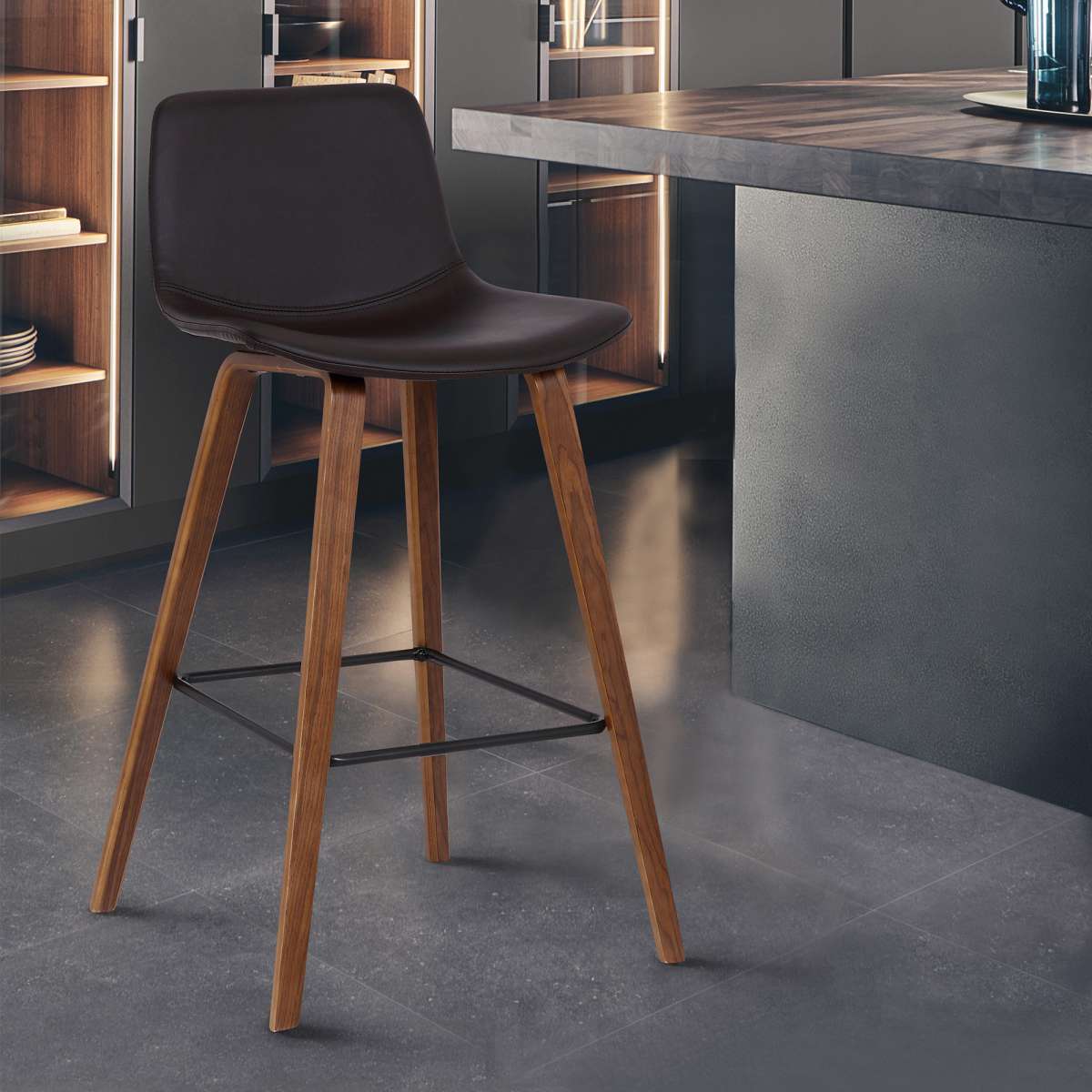 Maddie Contemporary Barstool in Walnut Wood Finish and Brown Faux Leather By Armen Living
