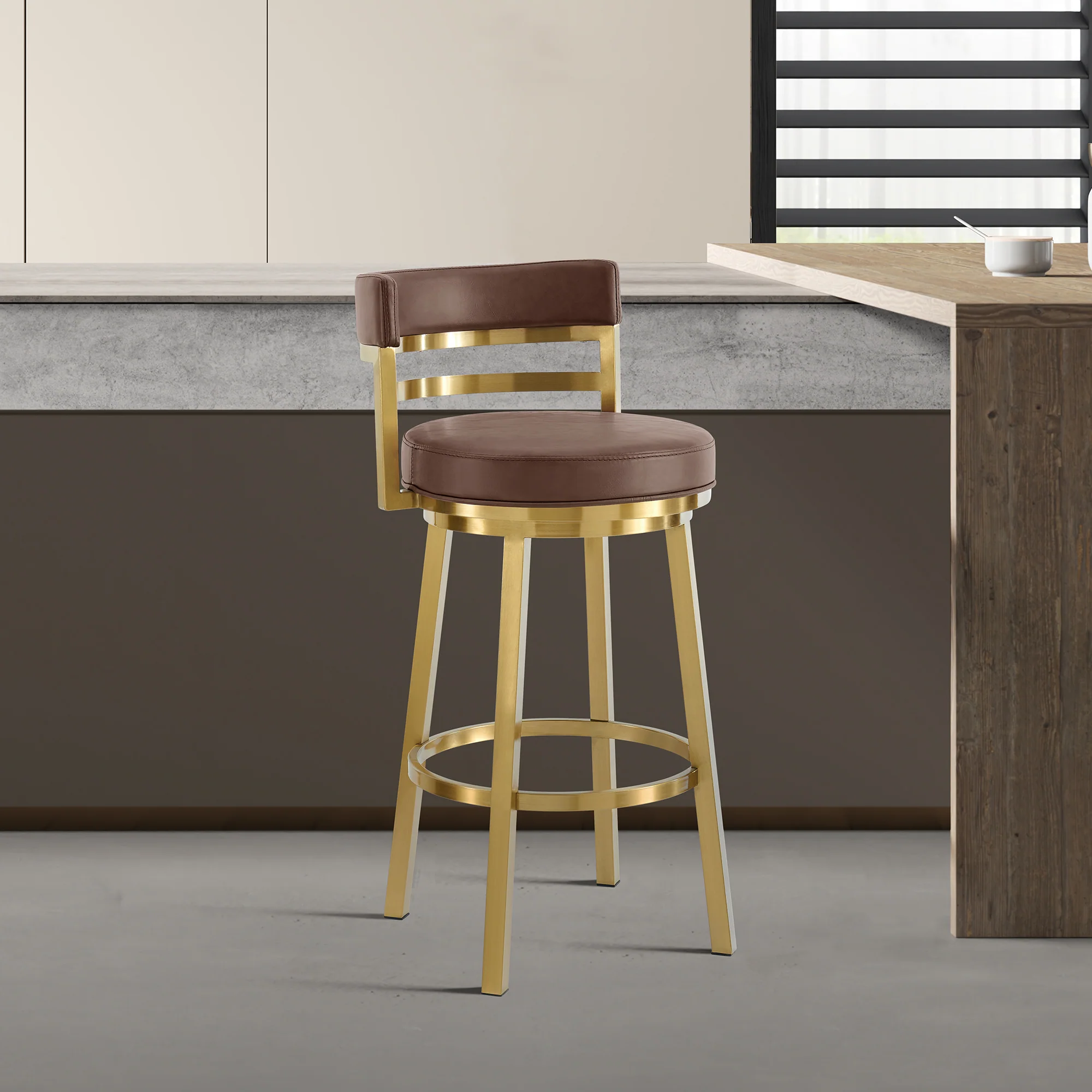 Madrid 30" Swivel Bar Stool in Gold Brushed Stainless Steel with Vintage Coffee Faux Leather By Armen Living