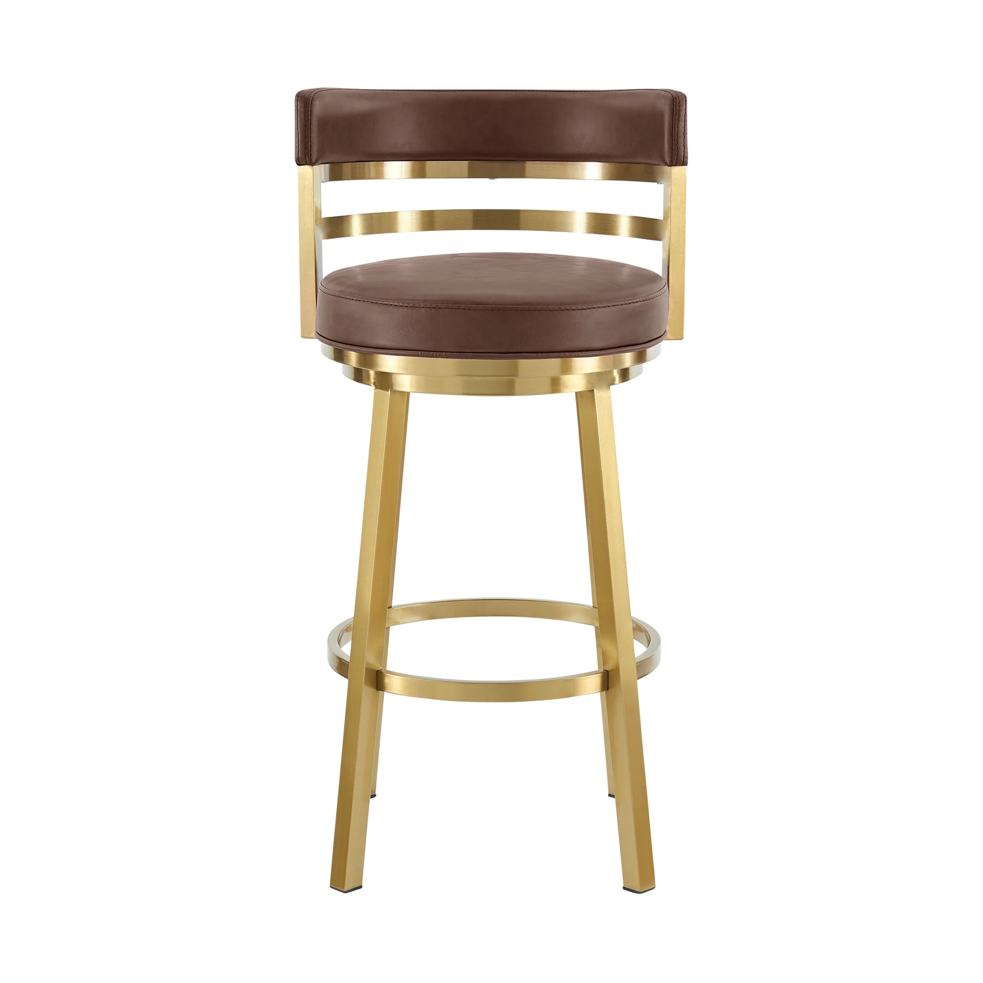Madrid 30" Swivel Bar Stool in Gold Brushed Stainless Steel with Vintage Coffee Faux Leather By Armen Living - Image 3