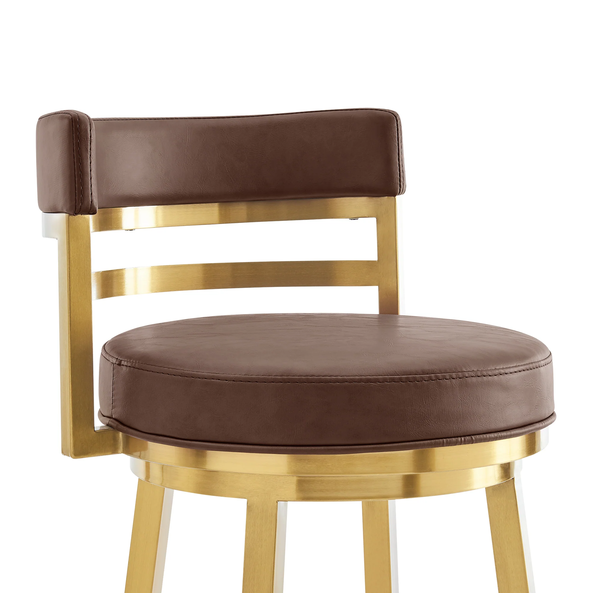 Madrid 30" Swivel Bar Stool in Gold Brushed Stainless Steel with Vintage Coffee Faux Leather By Armen Living - Image 5