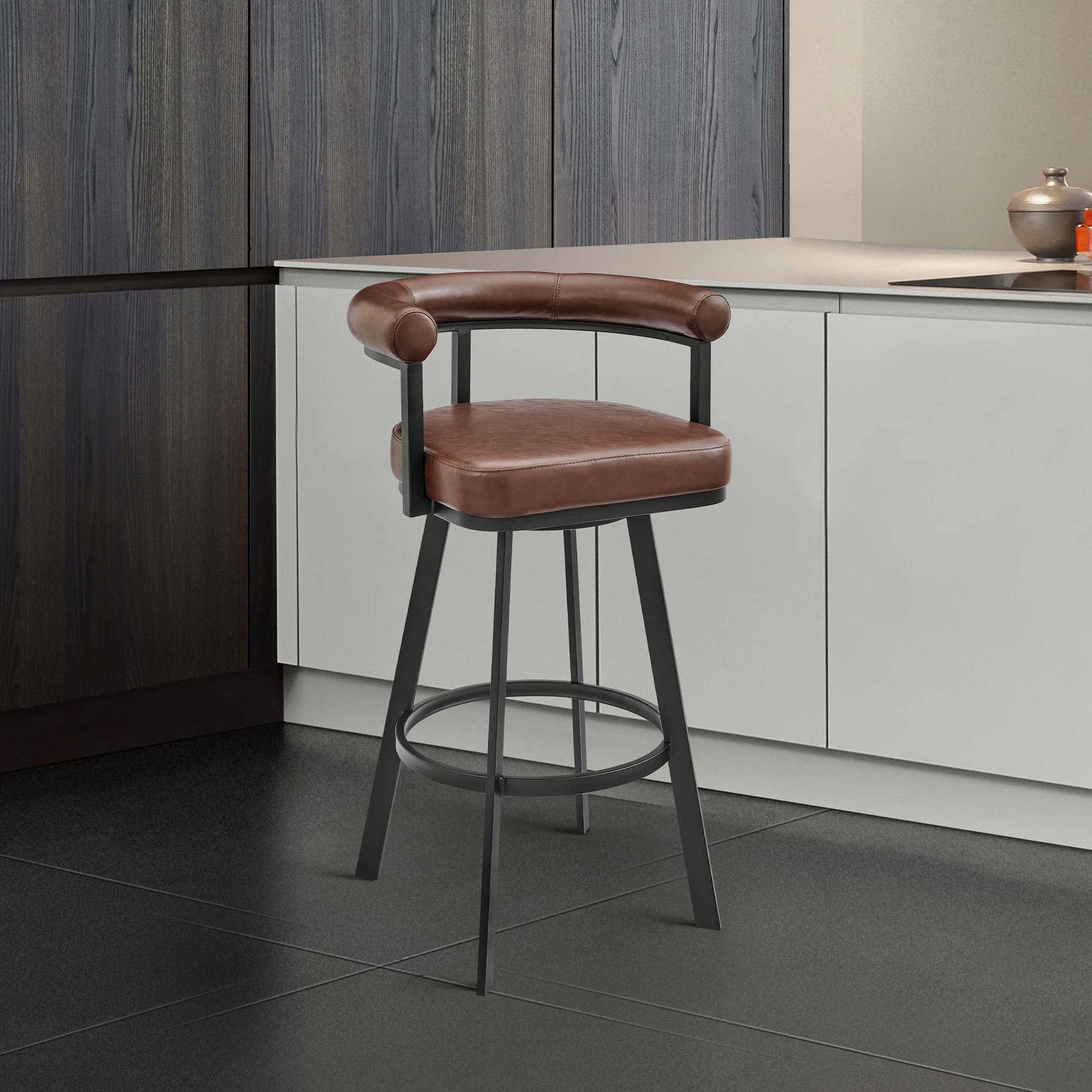 Magnolia 26" Swivel Counter Stool in Black Metal with Brown Faux Leather By Armen Living