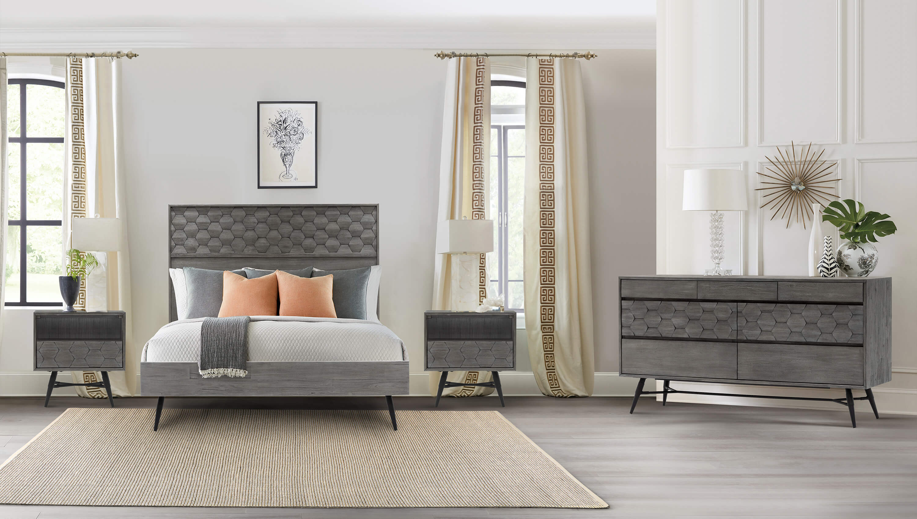 Makena 4 Piece Queen Bedroom Set in Grey Acacia Wood By Armen Living