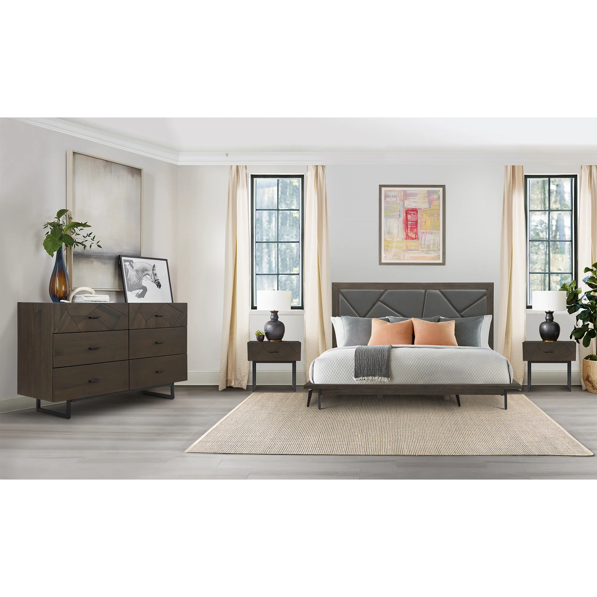 Marquis King Size Platform Bed Frame in Oak Wood with Faux Leather Headboard and Black Metal Legs By Armen Living - Image 3