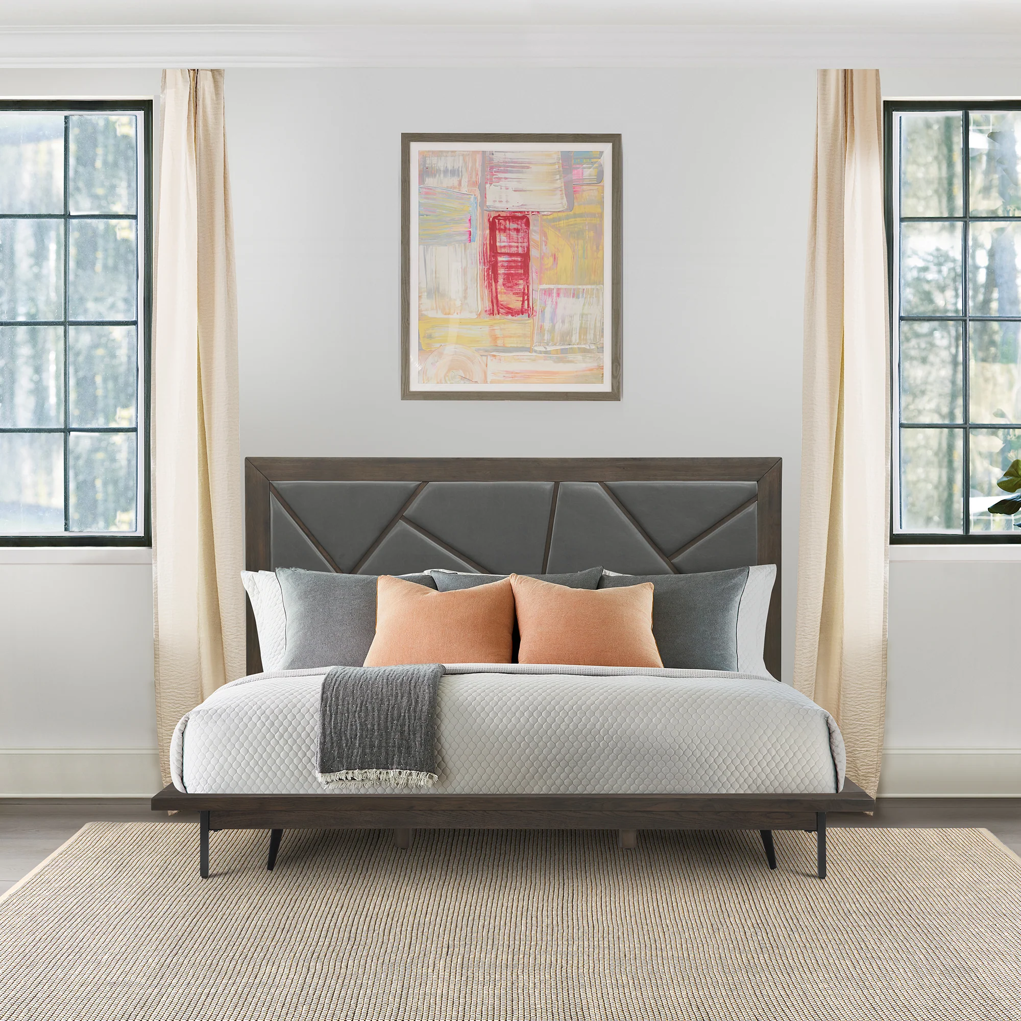 Marquis Queen Size Platform Bed Frame in Oak Wood with Faux Leather Headboard and Black Metal Legs By Armen Living