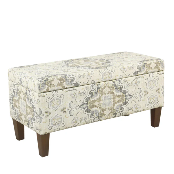 Medallion Print Fabric Upholstered Wooden Bench With Hinged Storage, Large, Brown and Cream By Benzara