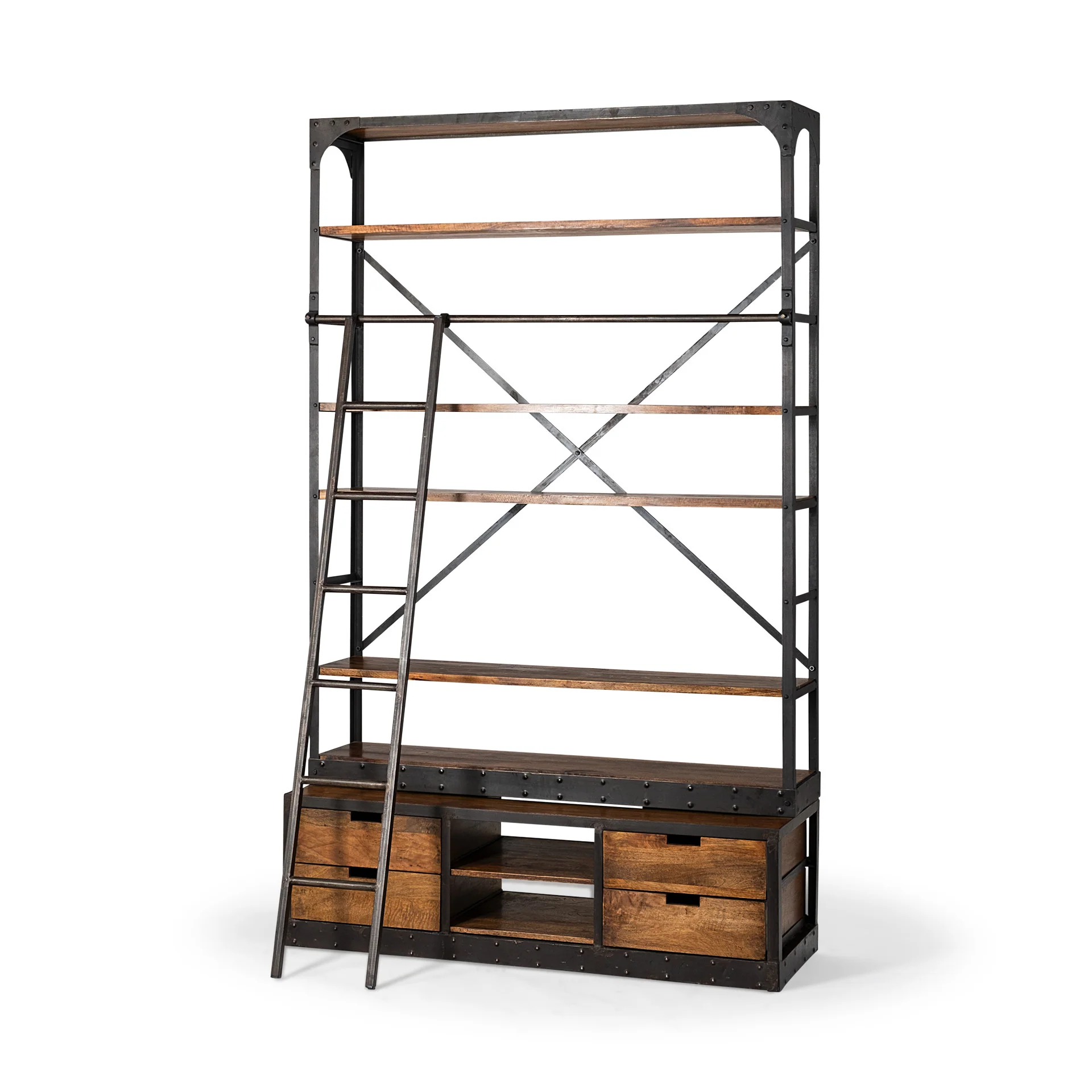 Medium Brown Wood Shelving Unit with Copper Ladder and 4 Shelves By Homeroots