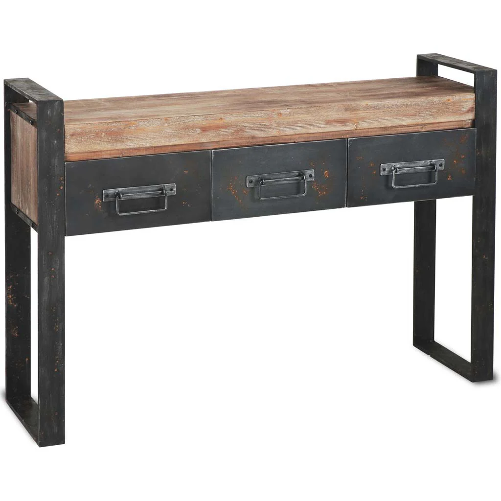 Medium Brown Wooden Console Table With Black Metal Frame And 3 Storage Drawers By Homeroots