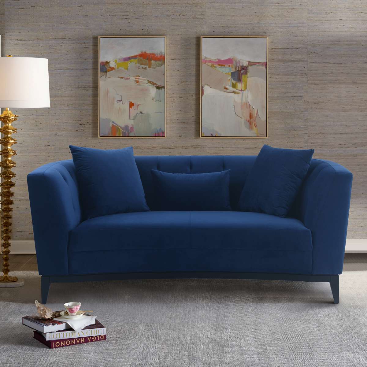 Melange Blue Velvet Upholstered Loveseat with Black Wood Base By Armen Living