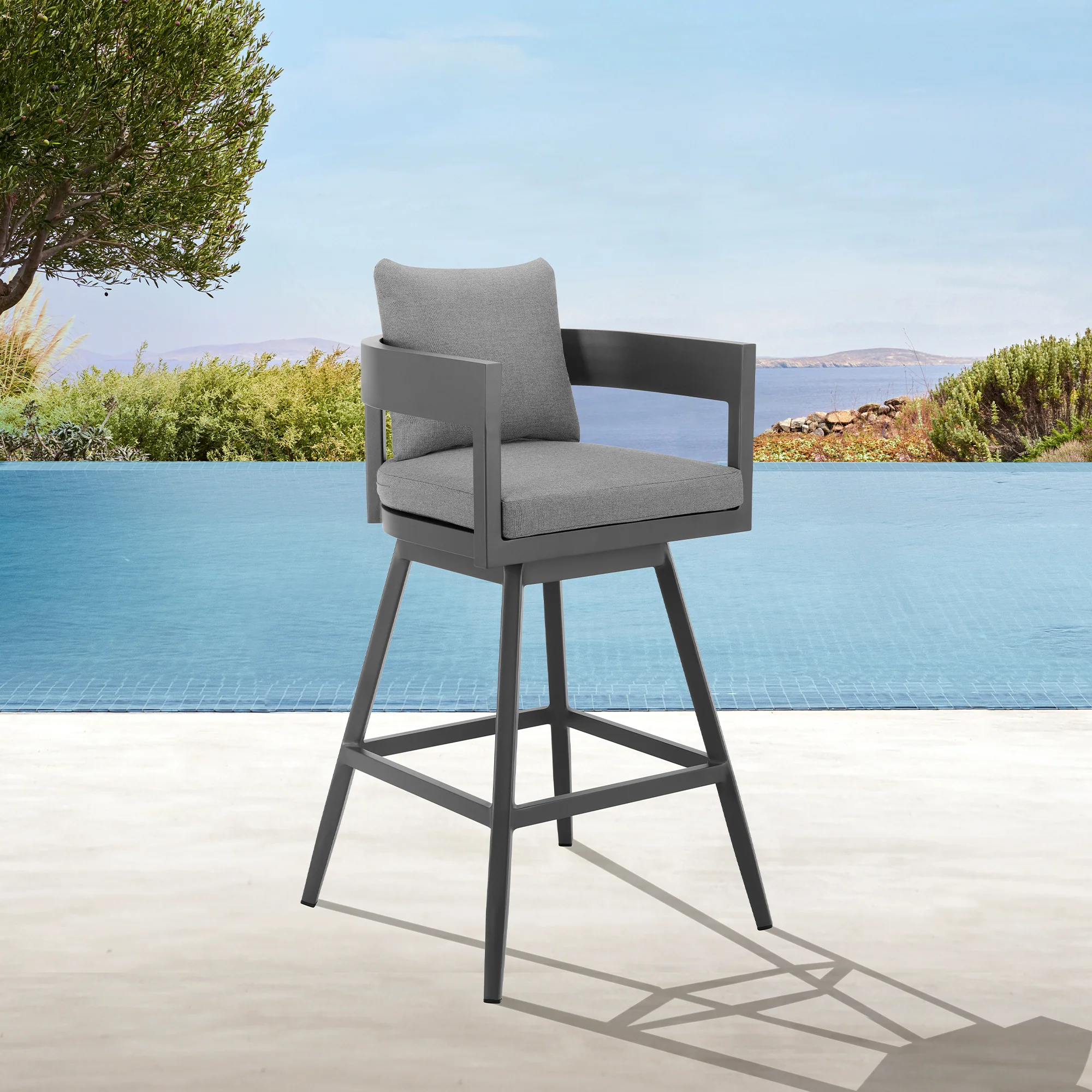 Menorca Outdoor Patio Swivel Counter Stool in Aluminum with Gray Cushions By Armen Living