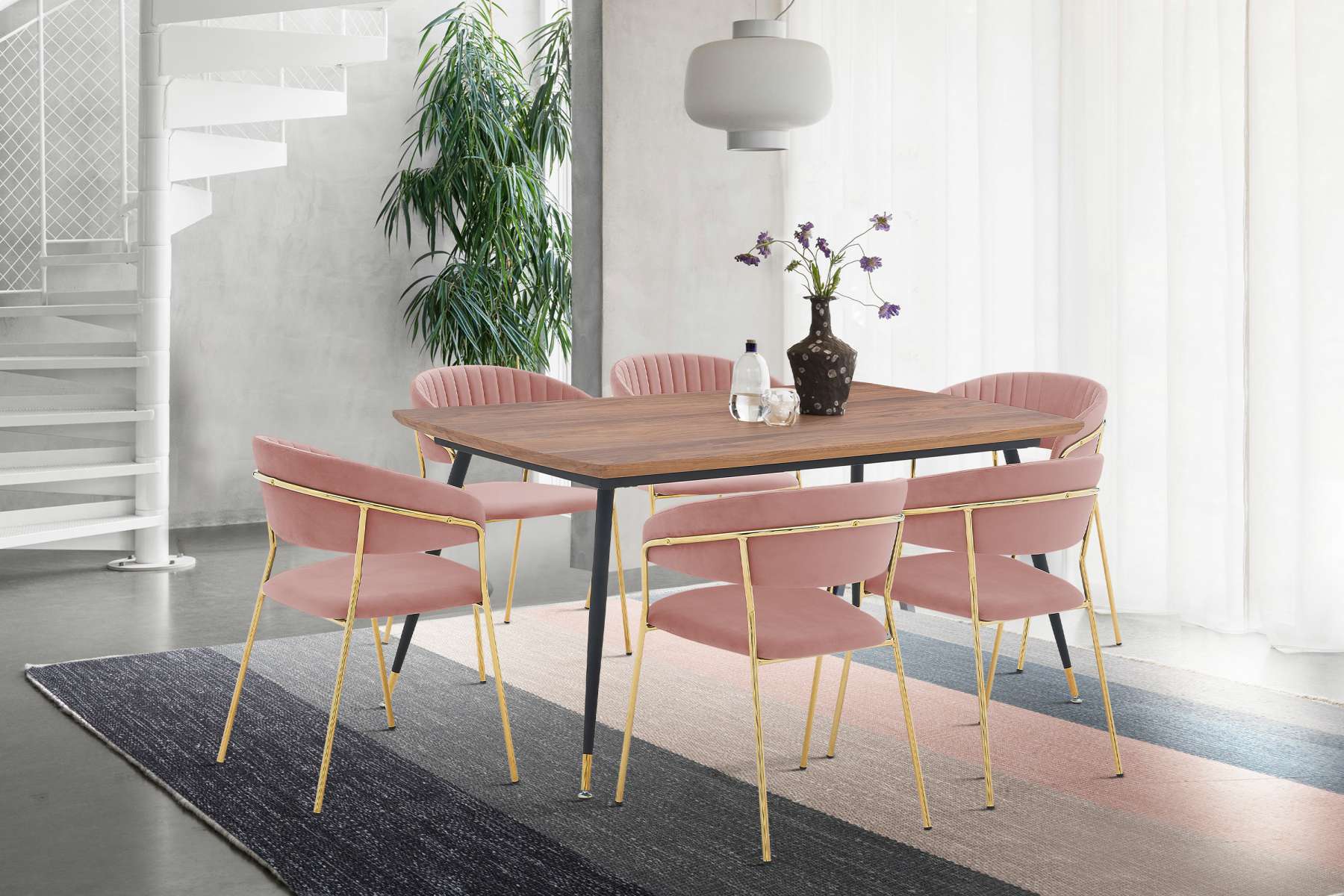 Messina and Nara Pink Velvet 7 Piece Rectangular Dining Set By Armen Living