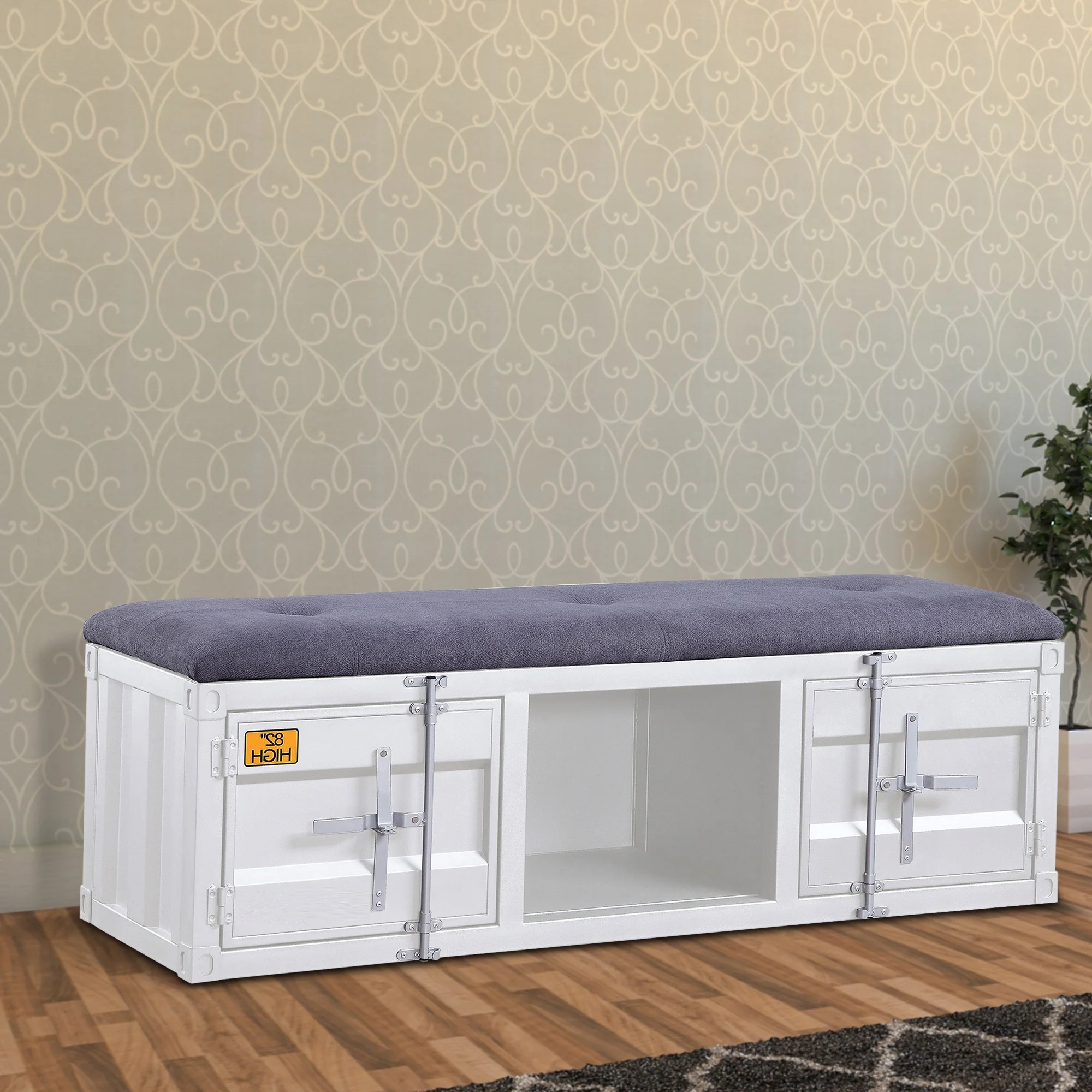 Metal Bench with Open Storage and Tufted Fabric Seat, White and Gray By Benzara