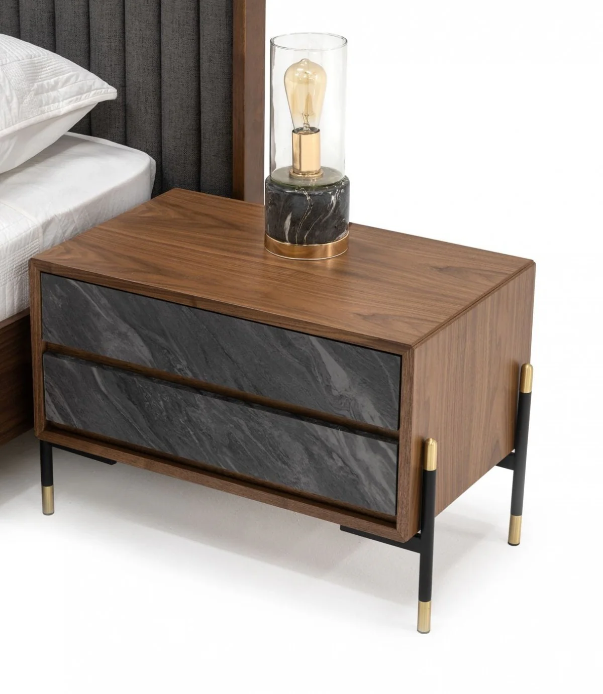 Mid Century Walnut And Gray Faux Marble Two Drawer Nightstand By Homeroots
