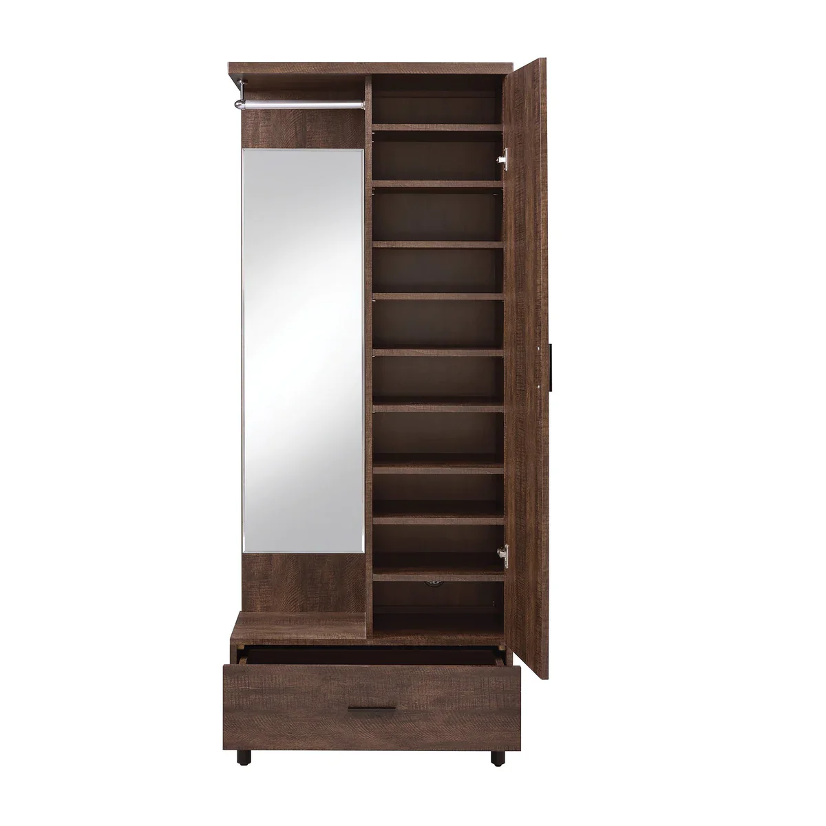 Mirrored Wooden Hall Tree with 1 Door and 1 Drawer, Brown and Silver By Benzara