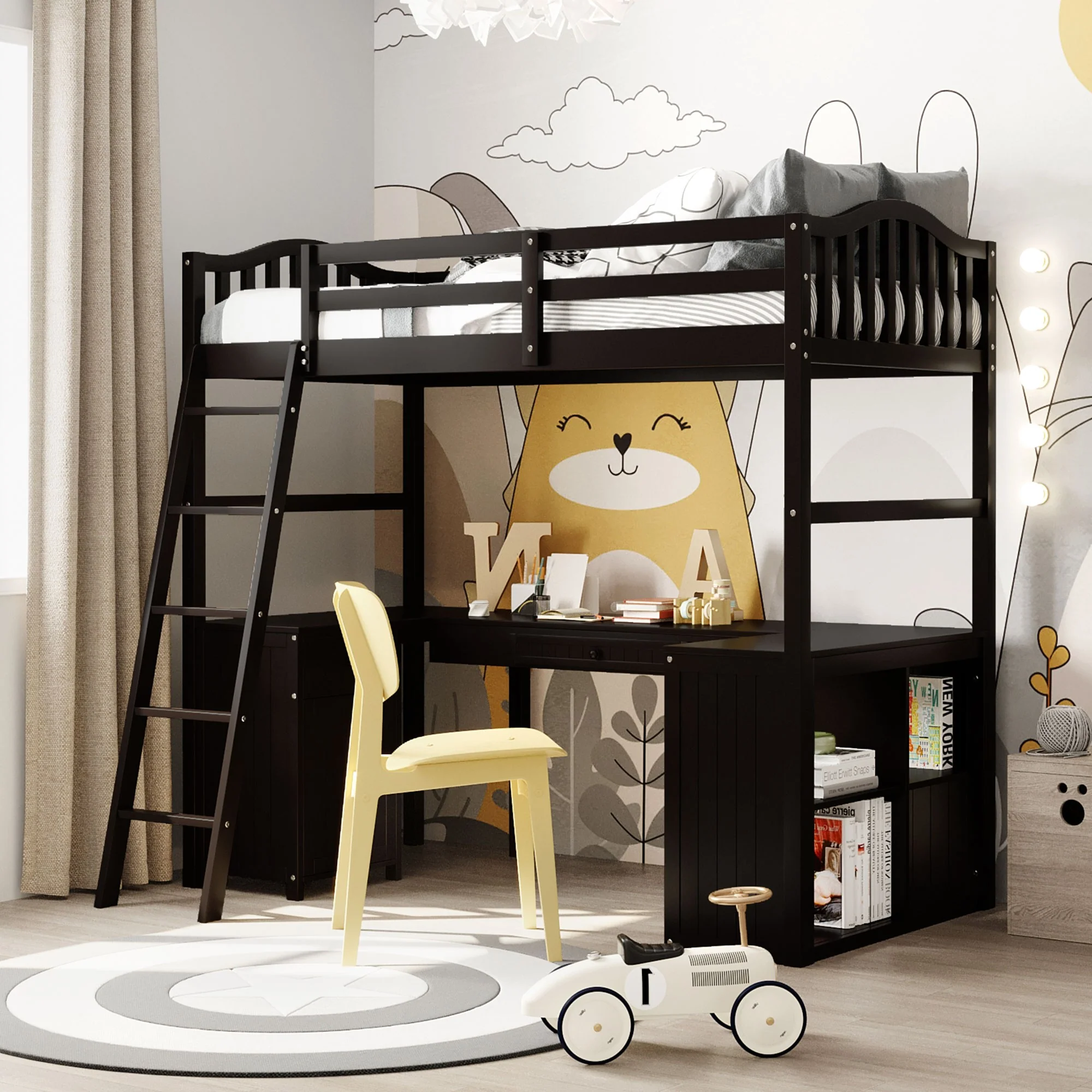 Modern Classic Dark Brown Twin Loft Bed With Book Shelf Desk And Cabinet By Homeroots