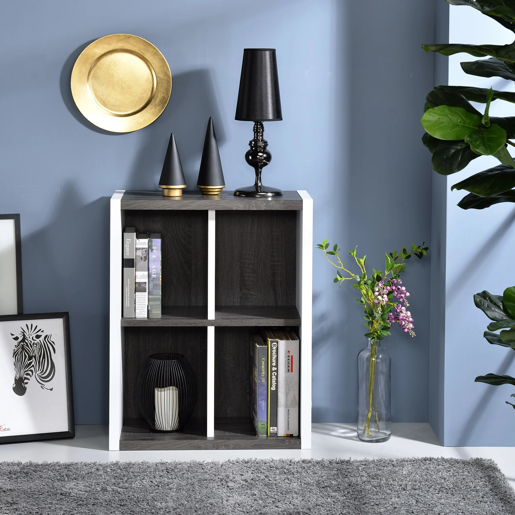 Modern Dark Gray And White Four Cube Storage Bookshelf By Homeroots