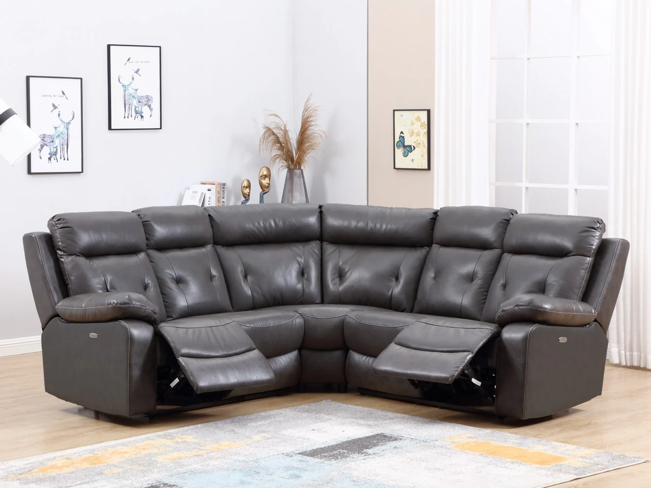 Modern Dark Gray Leather Sectional With Power Recliners By Homeroots