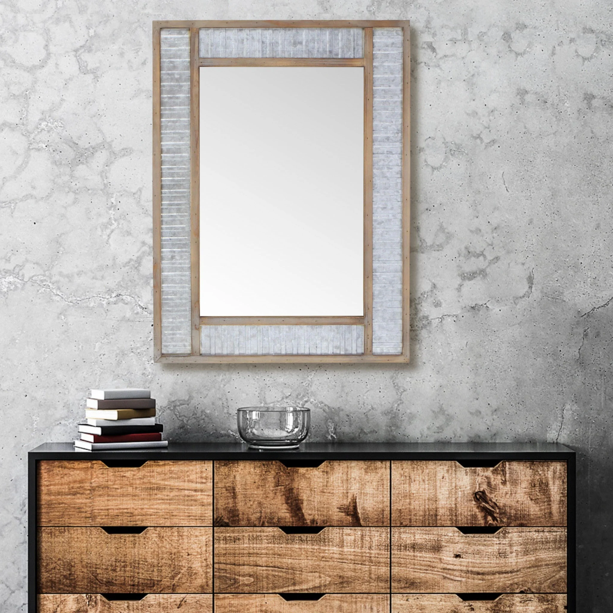 Modern Farmhouse Rectangular Wood and Galvanized Metal Wall Mirror By Homeroots