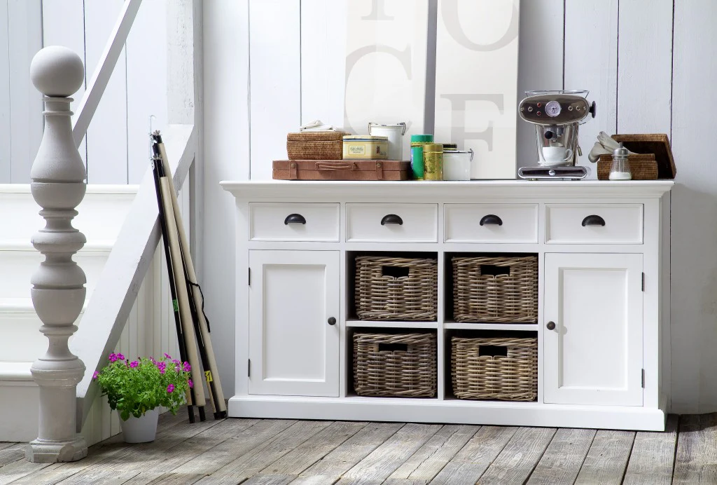 Modern Farmhouse White Buffet With Baskets By Homeroots