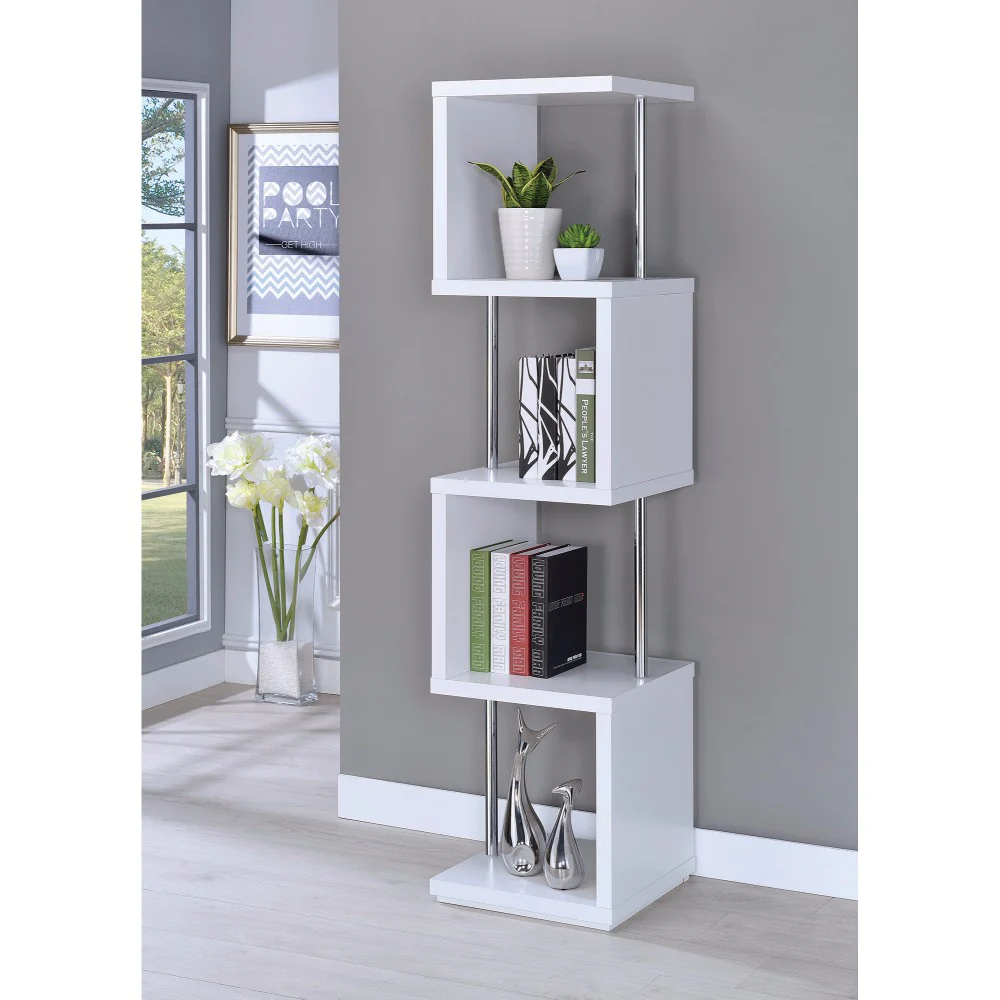 Modern Four Tier Wood And Metal Bookcase, White By Benzara