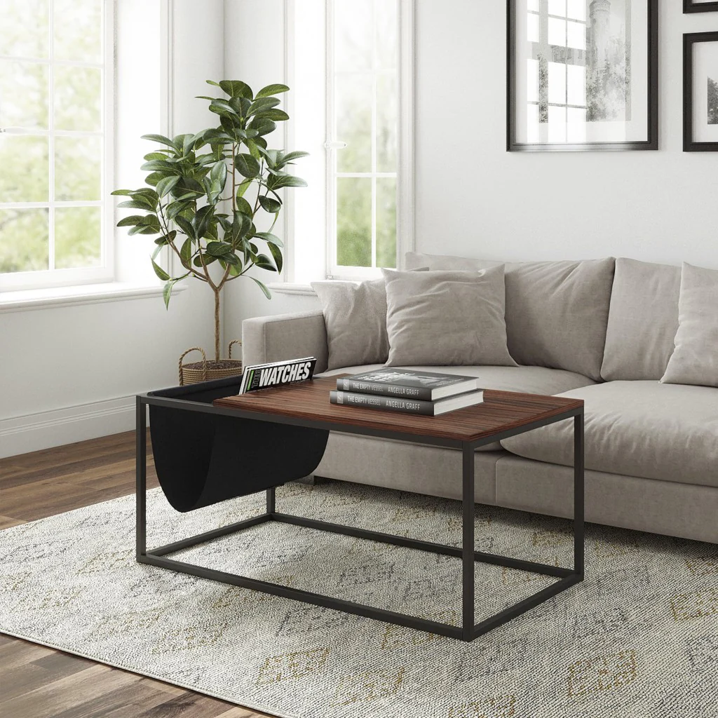Modern Geo Black and Walnut Sofa Table with Magazine Holder By Homeroots