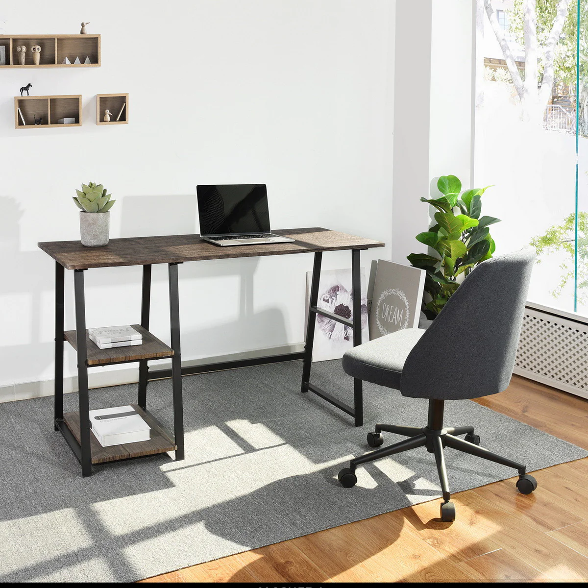 Modern Geo Oak Home Office Table With Storage Shelves By Homeroots