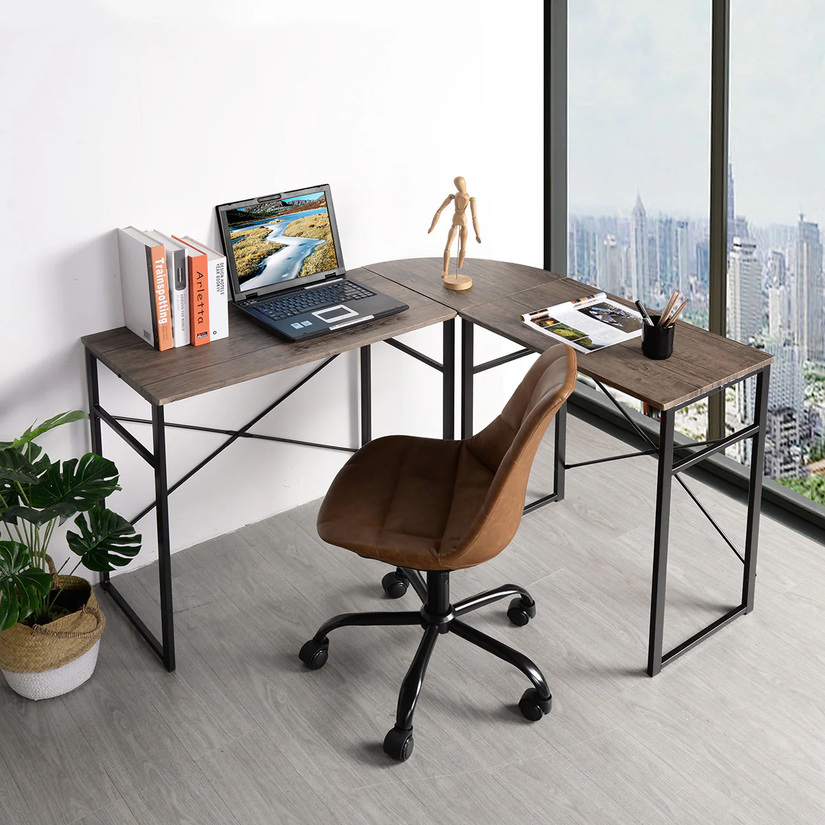 Modern Geo Walnut L Shape Computer Table By Homeroots