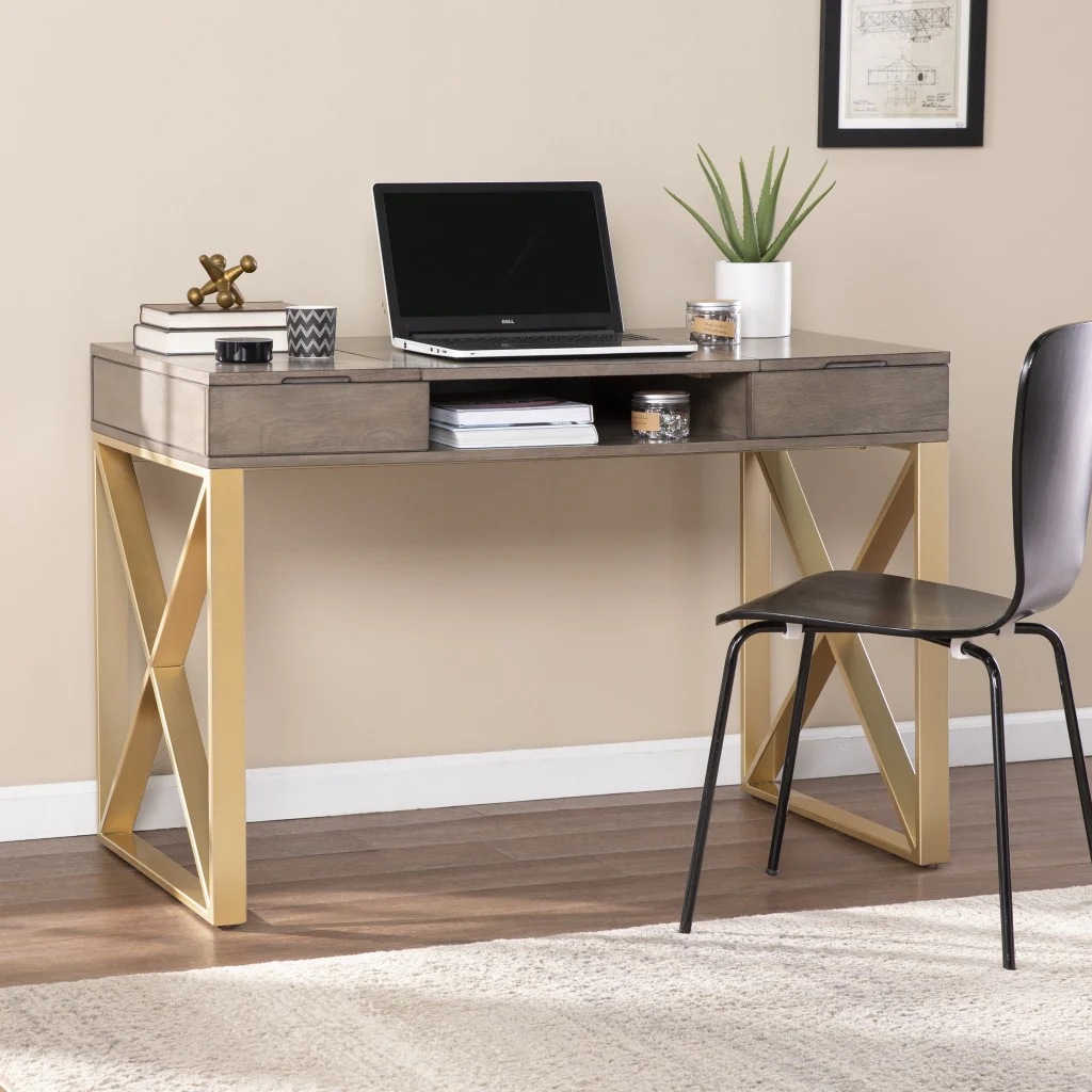 Modern Gray and Gold Writing Desk with Storage By Homeroots