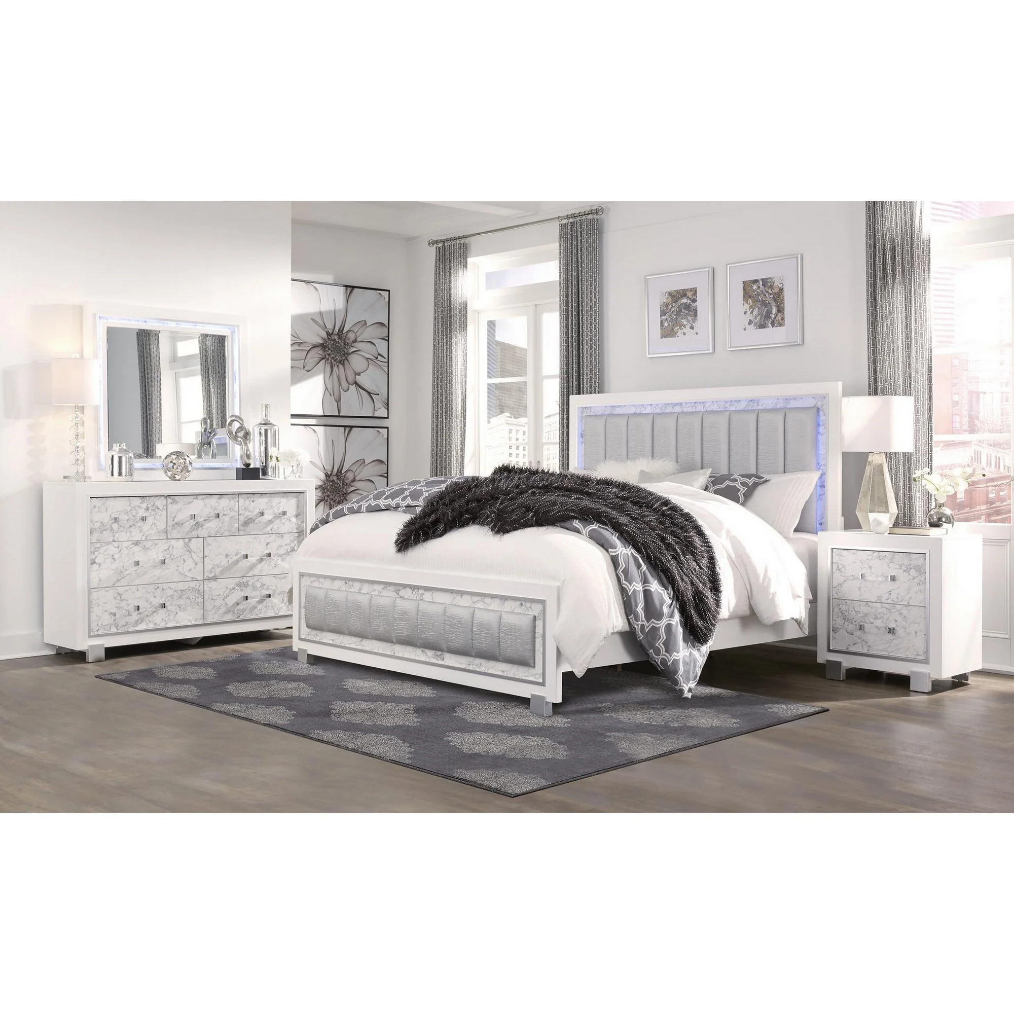 Modern Luxurious White King Bed With Padded Headboard Led Lightning By Homeroots
