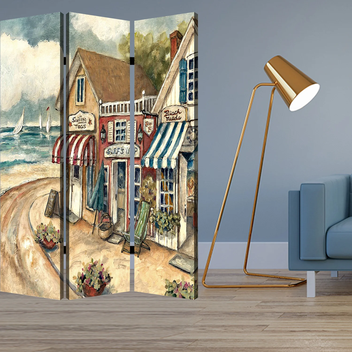 Multi Color Wood Canvas Seaside Town Slate Screen By Homeroots