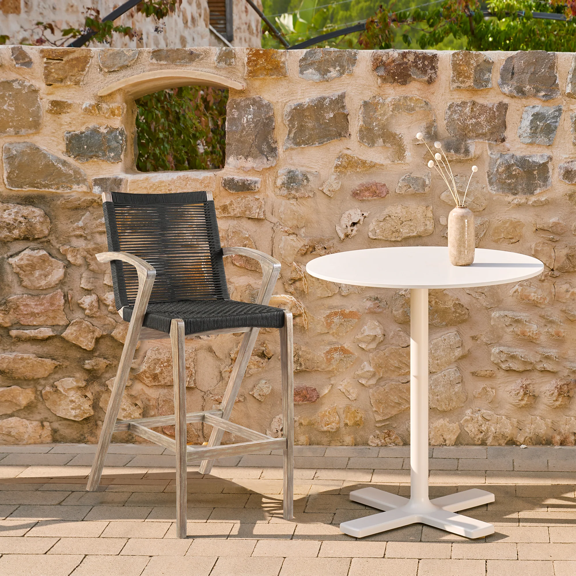 Nabila Outdoor Light Eucalyptus Wood and Charcoal Rope Counter and Bar Height Stool By Armen Living