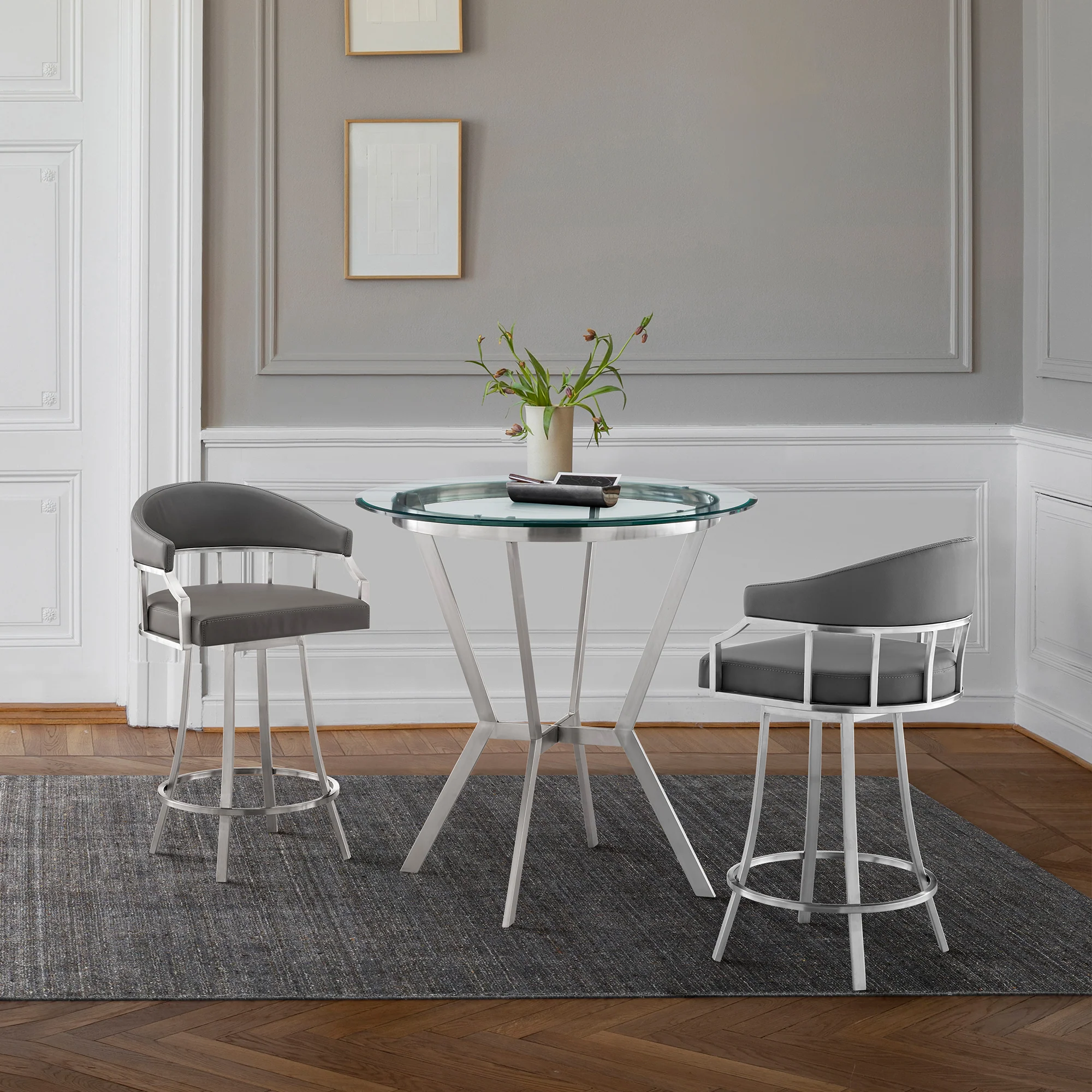 Naomi and Valerie 3-Piece Counter Height Dining Set in Brushed Stainless Steel and Gray Faux Leather By Armen Living