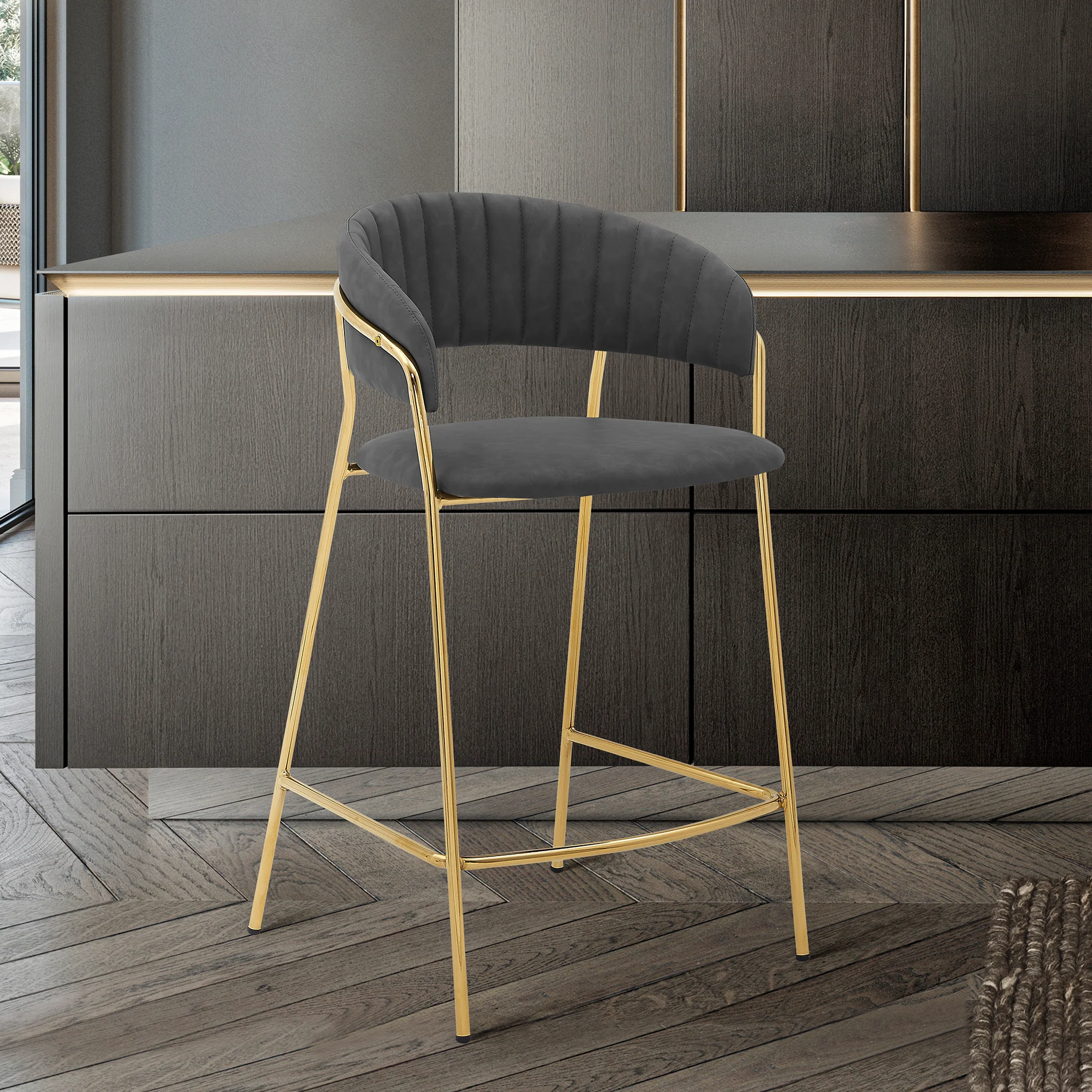 Nara 30" Gray Faux Leather and Metal Counter Height Barstool with Gold Frame By Armen Living