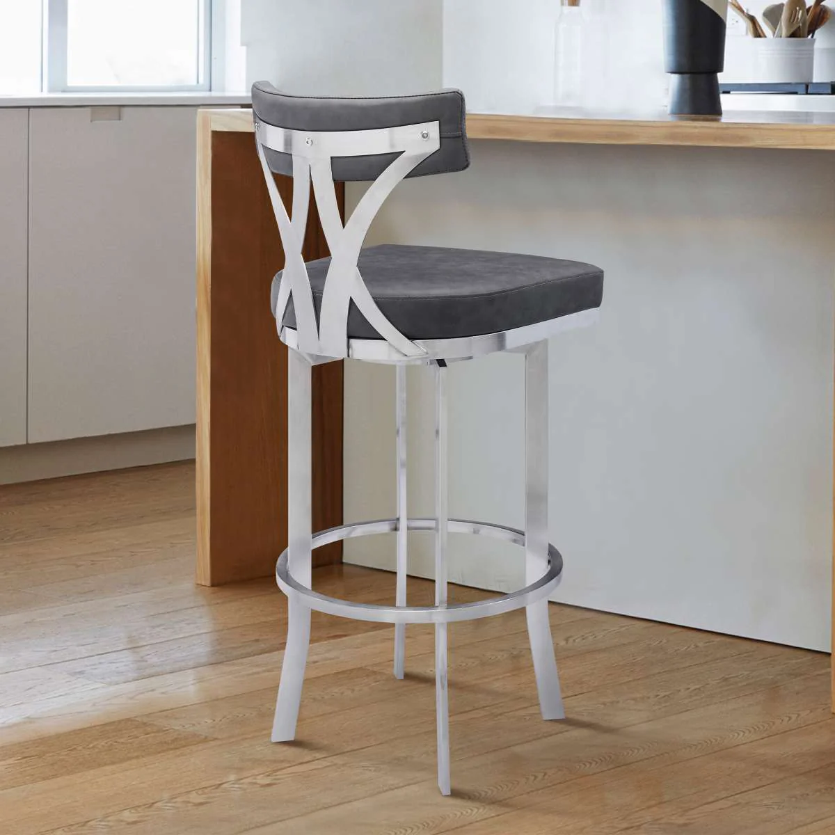 Natalie 30" Bar Height Vintage Grey Faux Leather Upholstery and Brushed Stainless Steel Bar Stool By Armen Living