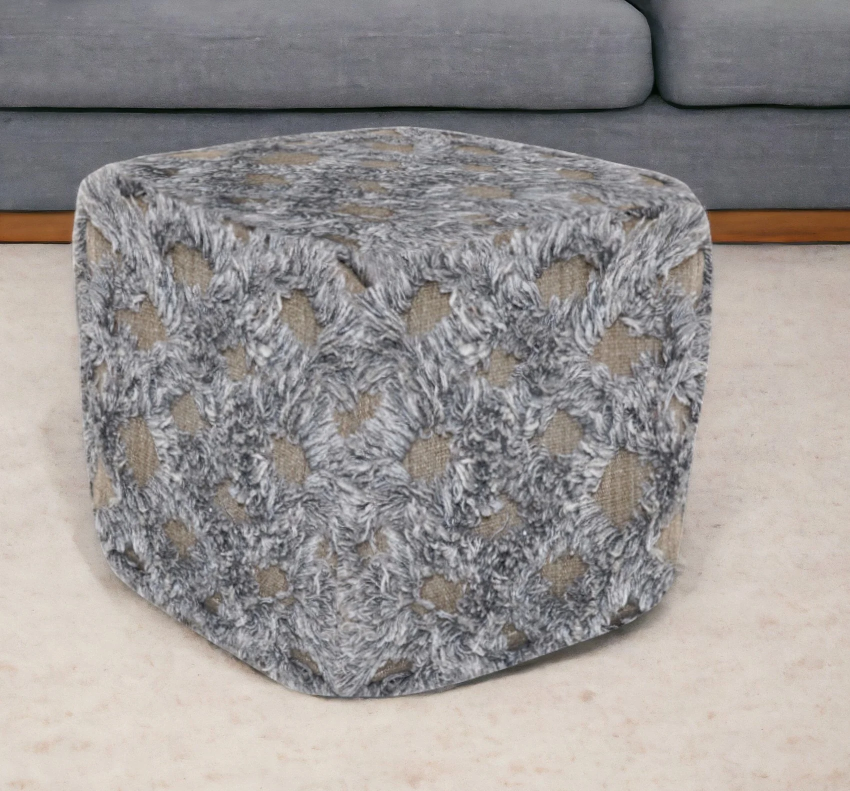 Natural and Gray Wool Cotton Blend Cube Geometric Pouf Ottoman By Homeroots