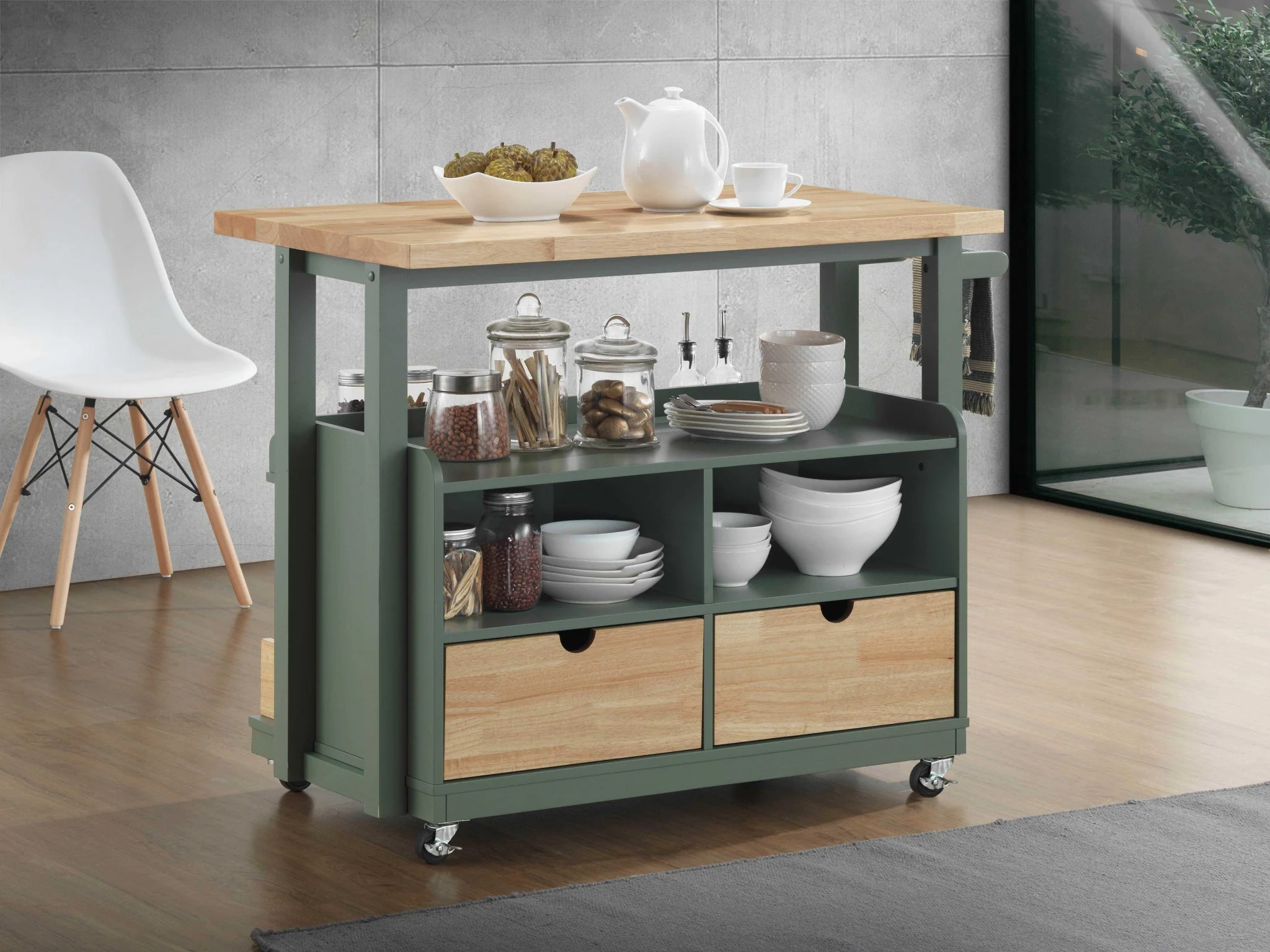 Natural Green Wood Casters Kitchen Cart By Homeroots