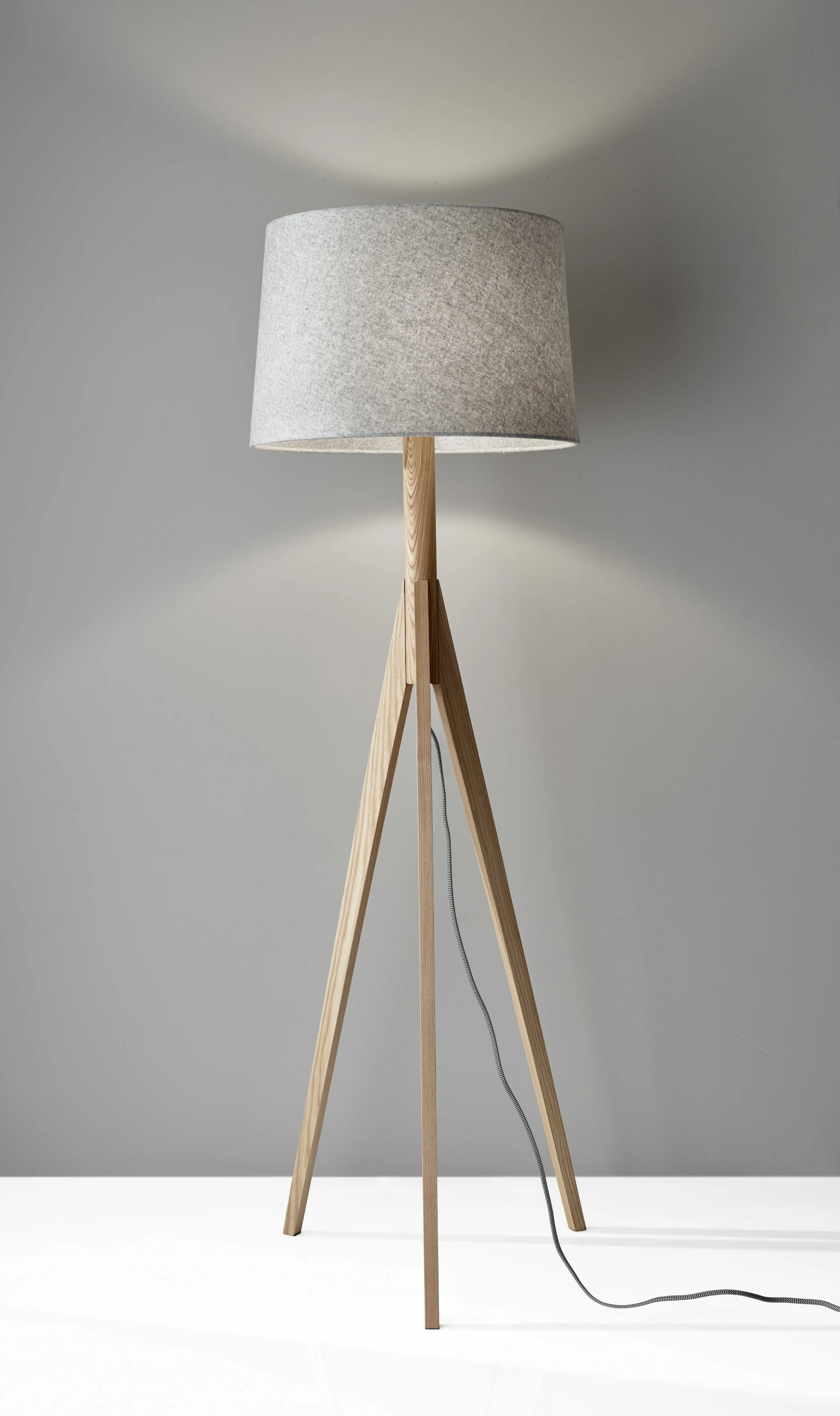 Natural Wood Floor Lamp with Tripod Base and Grey Felt Tapered Drum Shade By Homeroots