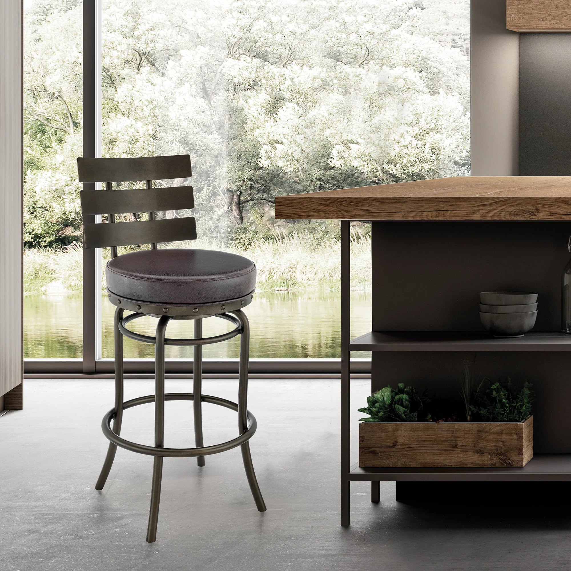 Natya Swivel Counter or Bar Stool in Mocha Finish with Brown Faux Leather By Armen Living